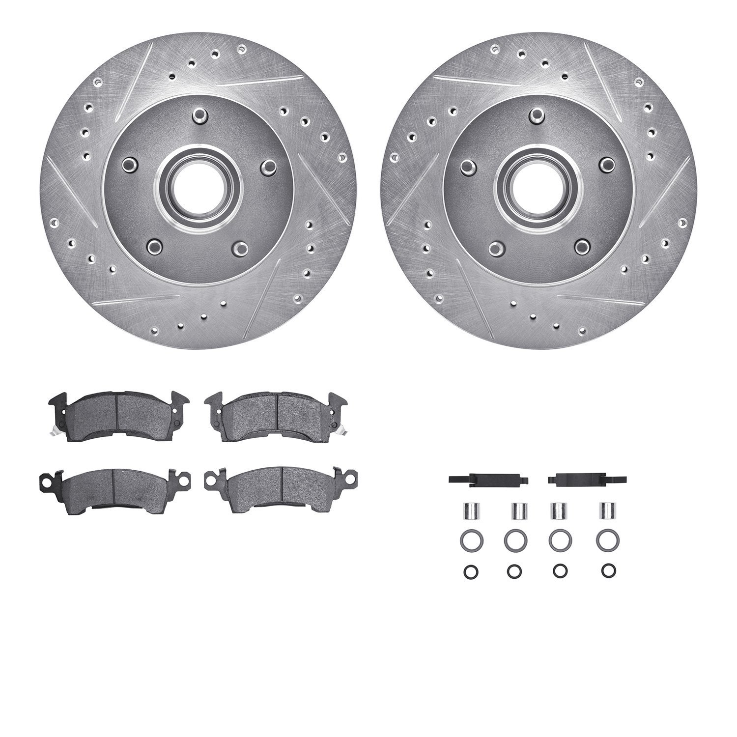 7212-47033 Drilled/Slotted Rotors w/Heavy-Duty Brake Pads Kit & Hardware [Silver], 1978-1990 GM, Position: Front