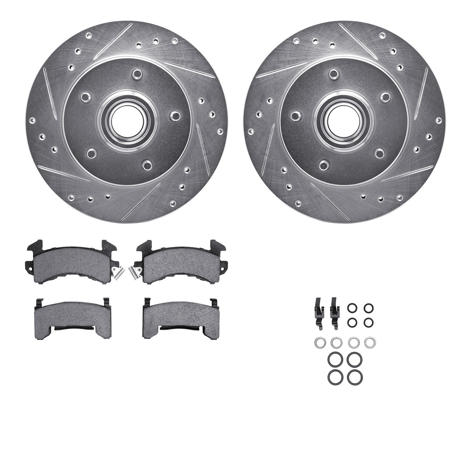 7212-47041 Drilled/Slotted Rotors w/Heavy-Duty Brake Pads Kit & Hardware [Silver], 1979-1981 GM, Position: Front