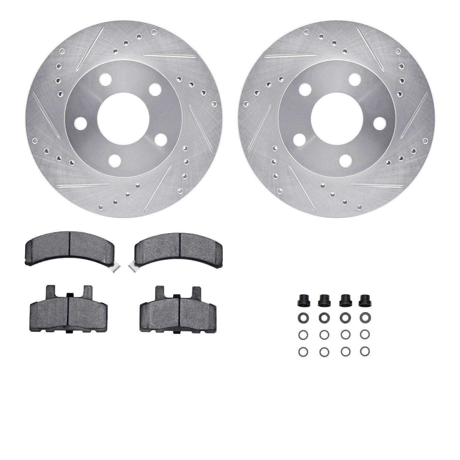 7212-47049 Drilled/Slotted Rotors w/Heavy-Duty Brake Pads Kit & Hardware [Silver], 1990-1993 GM, Position: Front