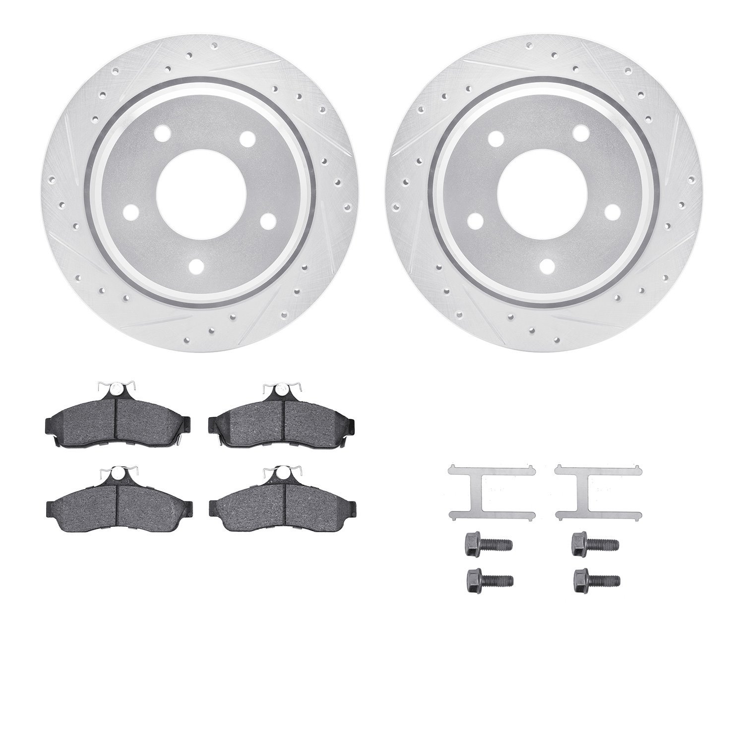 7212-47052 Drilled/Slotted Rotors w/Heavy-Duty Brake Pads Kit & Hardware [Silver], 1994-1996 GM, Position: Rear