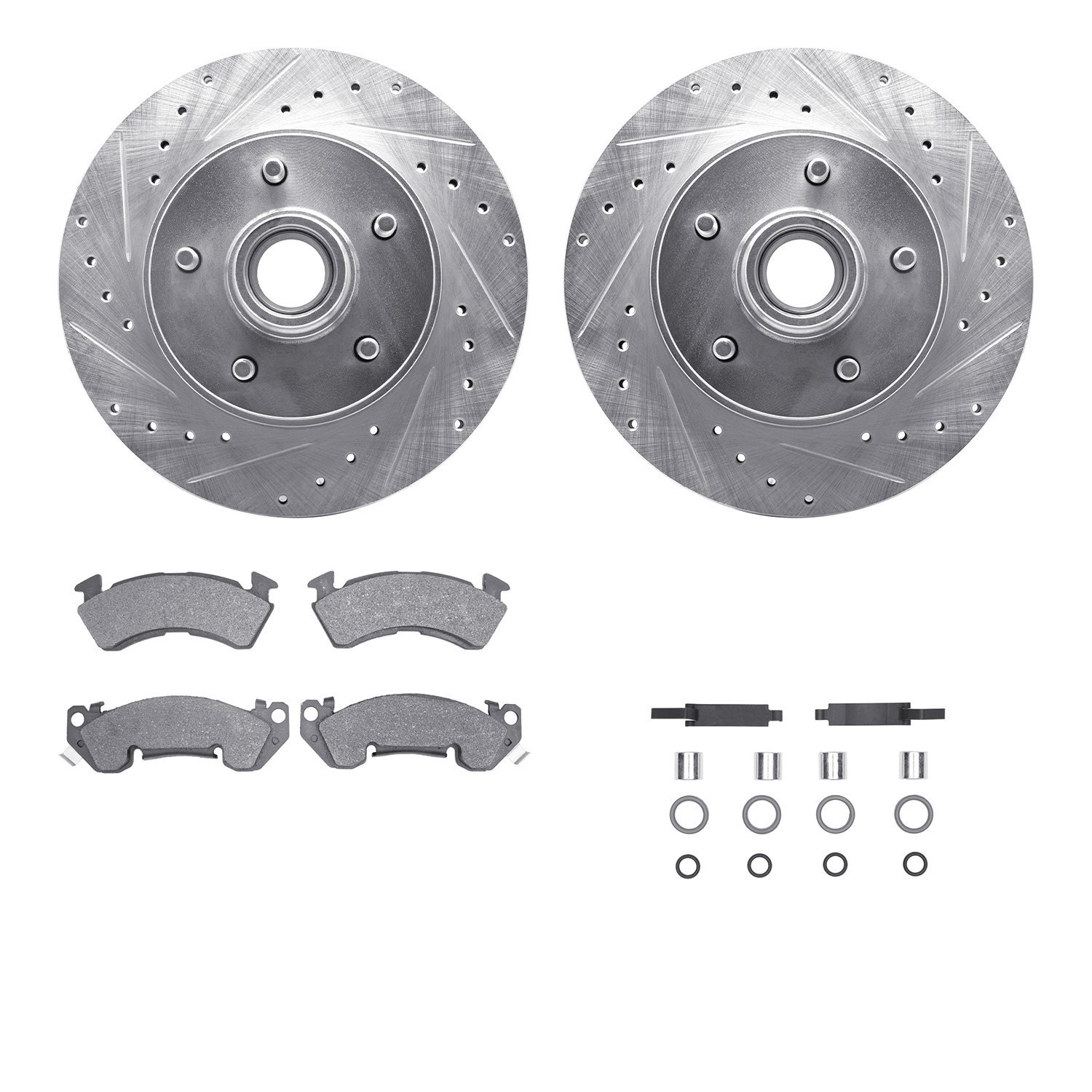 7212-47098 Drilled/Slotted Rotors w/Heavy-Duty Brake Pads Kit & Hardware [Silver], 1990-1990 GM, Position: Front