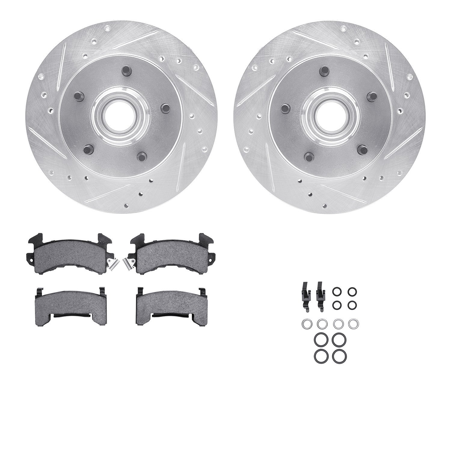 7212-47099 Drilled/Slotted Rotors w/Heavy-Duty Brake Pads Kit & Hardware [Silver], 1982-1995 GM, Position: Front