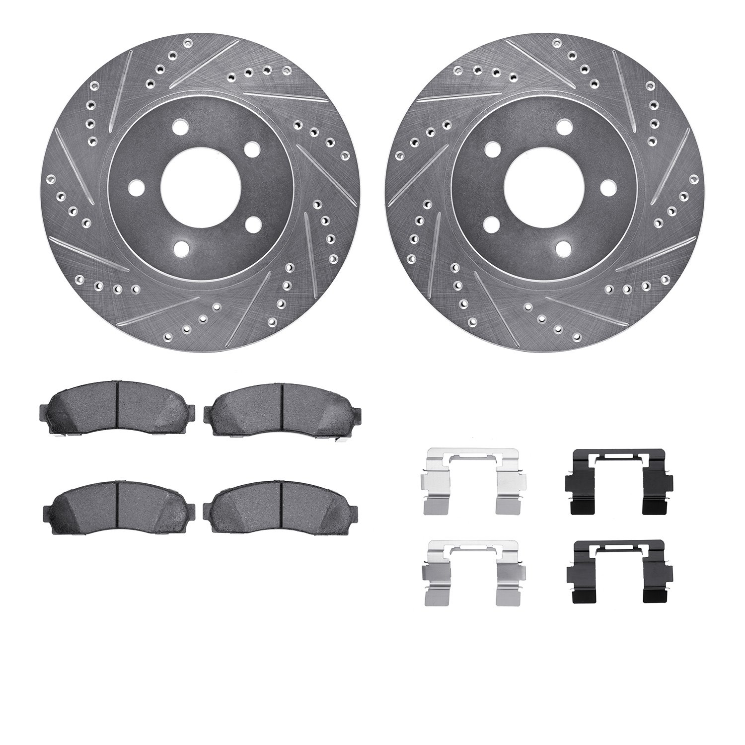 7212-47101 Drilled/Slotted Rotors w/Heavy-Duty Brake Pads Kit & Hardware [Silver], 2002-2007 GM, Position: Front