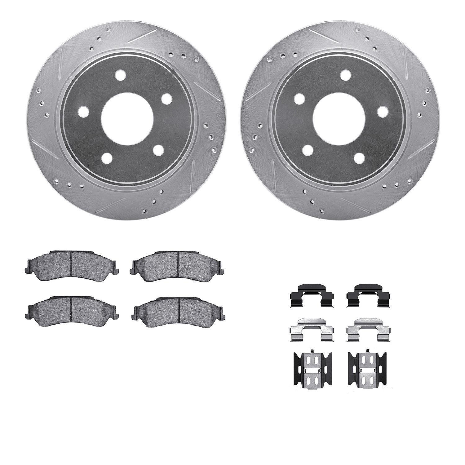 7212-48001 Drilled/Slotted Rotors w/Heavy-Duty Brake Pads Kit & Hardware [Silver], 1997-2005 GM, Position: Rear
