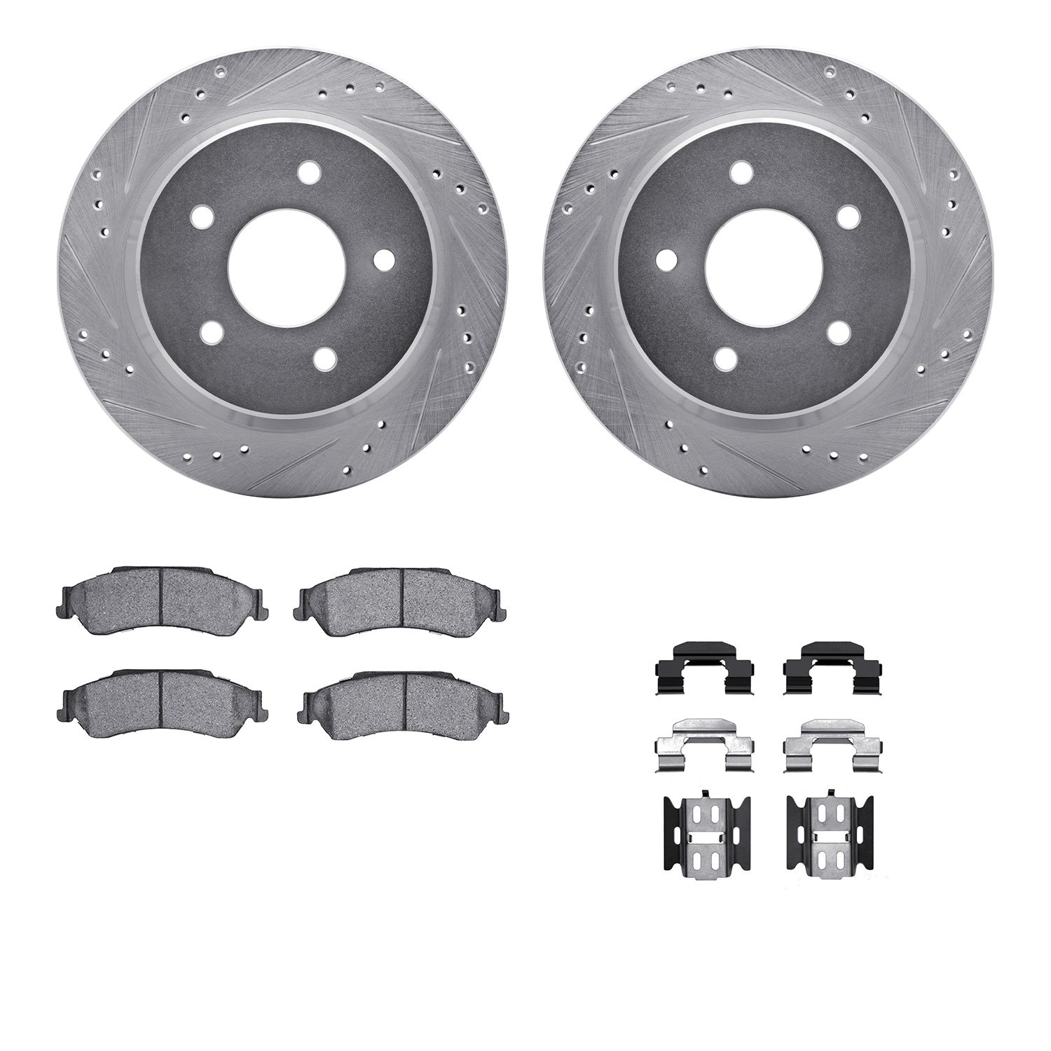 7212-48003 Drilled/Slotted Rotors w/Heavy-Duty Brake Pads Kit & Hardware [Silver], 1998-2005 GM, Position: Rear
