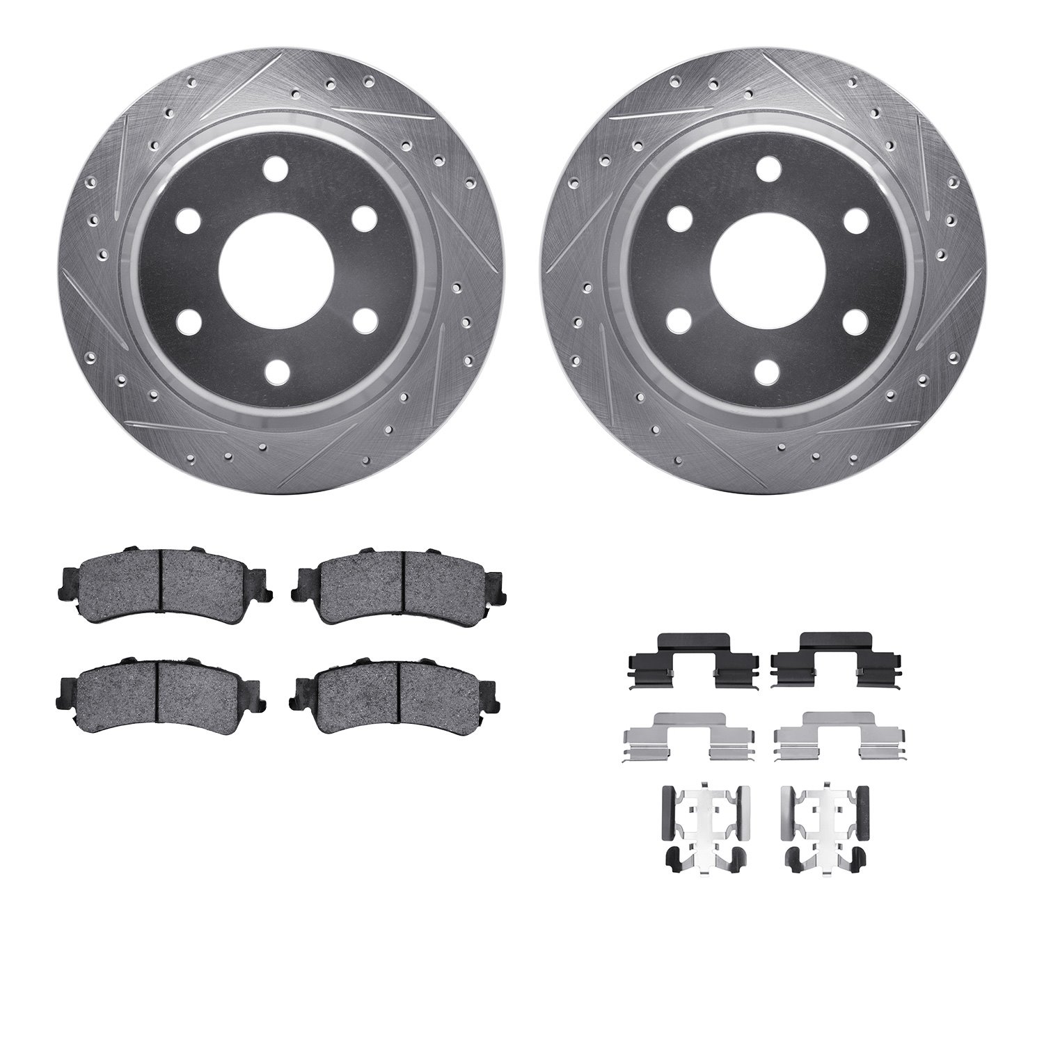 7212-48008 Drilled/Slotted Rotors w/Heavy-Duty Brake Pads Kit & Hardware [Silver], 2003-2007 GM, Position: Rear