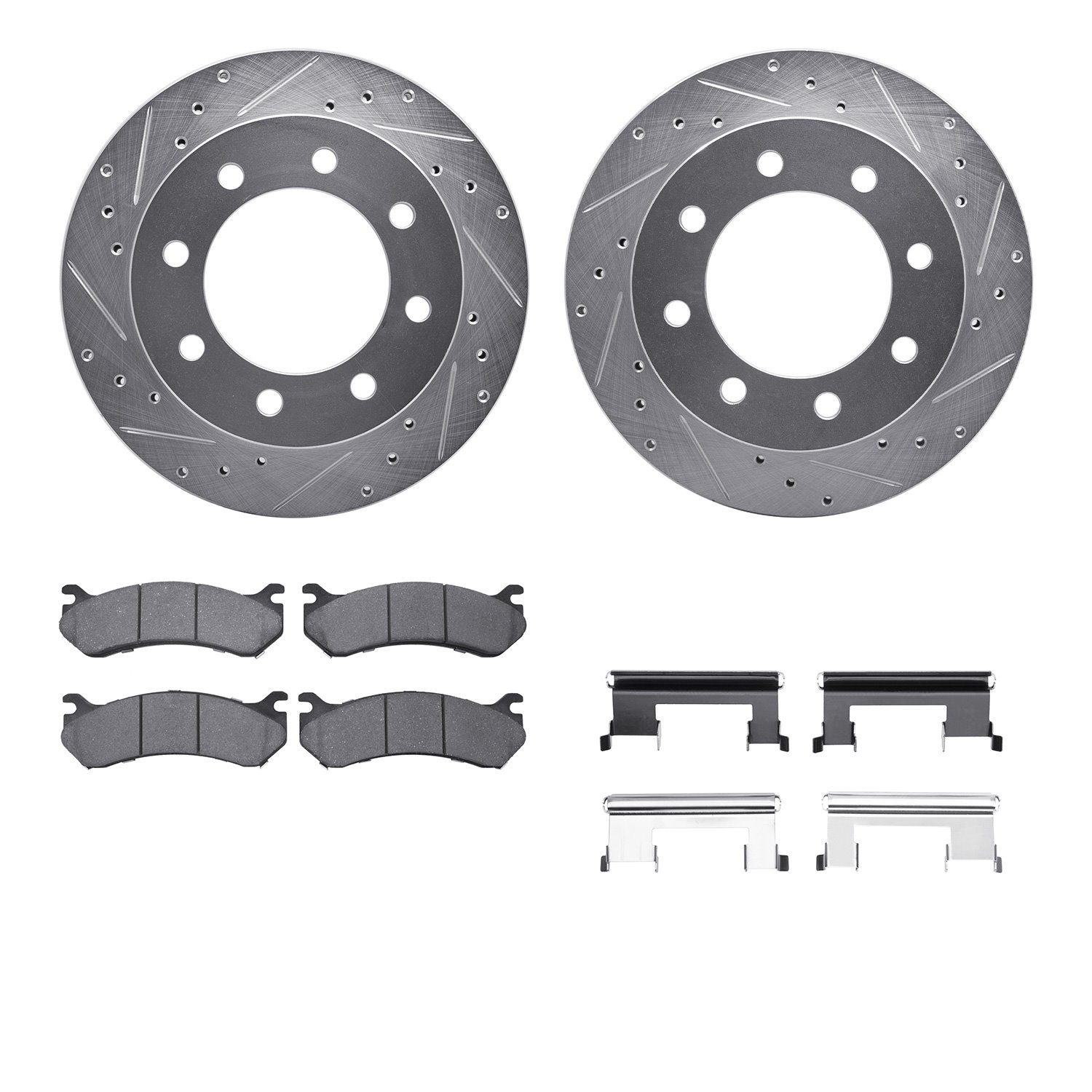 7212-48012 Drilled/Slotted Rotors w/Heavy-Duty Brake Pads Kit & Hardware [Silver], 1999-2013 GM, Position: Rear