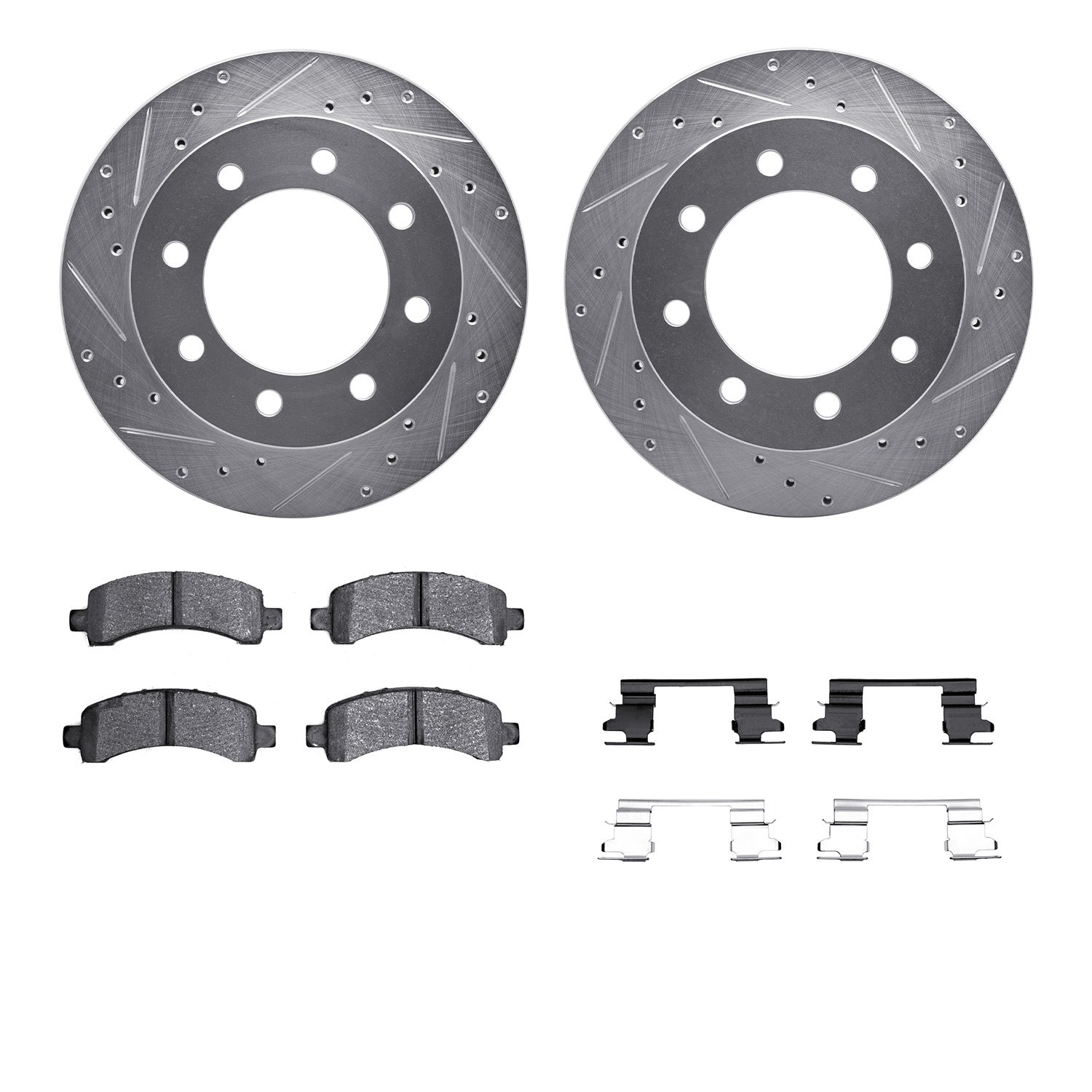 7212-48013 Drilled/Slotted Rotors w/Heavy-Duty Brake Pads Kit & Hardware [Silver], 2003-2020 GM, Position: Rear
