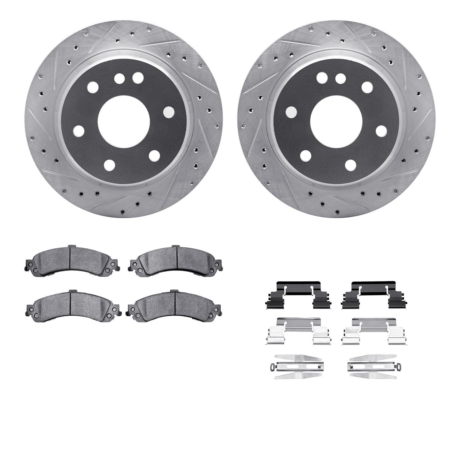 7212-48014 Drilled/Slotted Rotors w/Heavy-Duty Brake Pads Kit & Hardware [Silver], 2000-2006 GM, Position: Rear