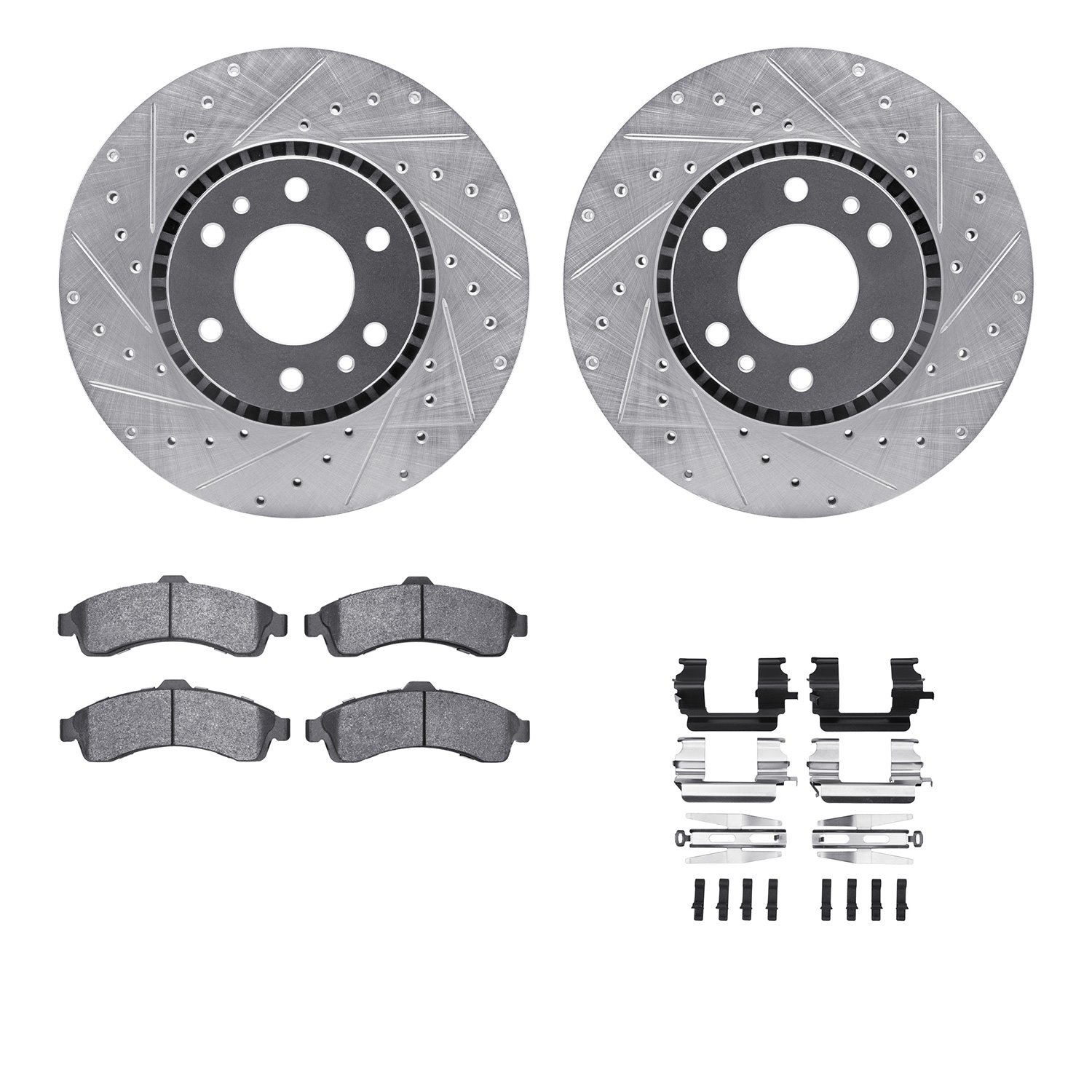 7212-48020 Drilled/Slotted Rotors w/Heavy-Duty Brake Pads Kit & Hardware [Silver], 2002-2005 GM, Position: Front