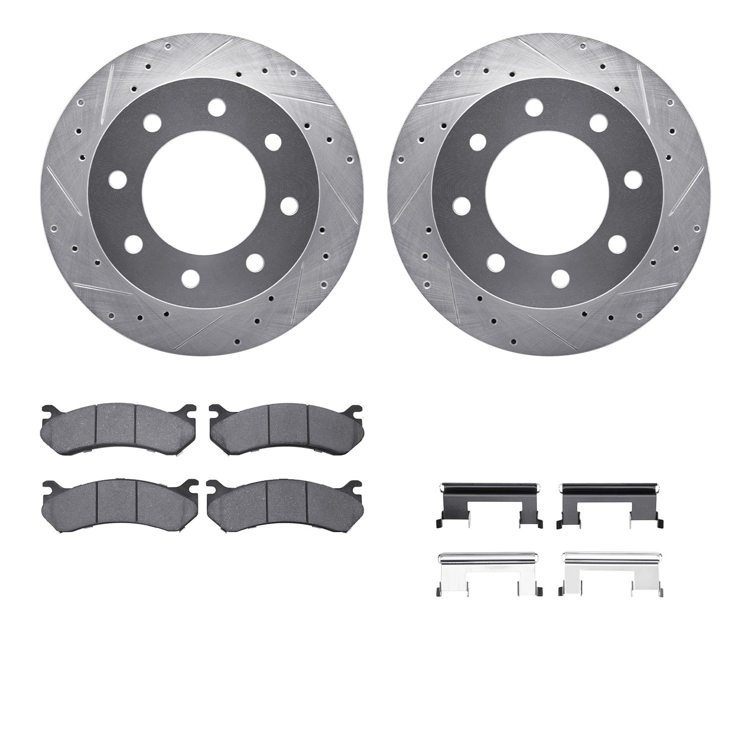 7212-48023 Drilled/Slotted Rotors w/Heavy-Duty Brake Pads Kit & Hardware [Silver], 2003-2005 GM, Position: Rear