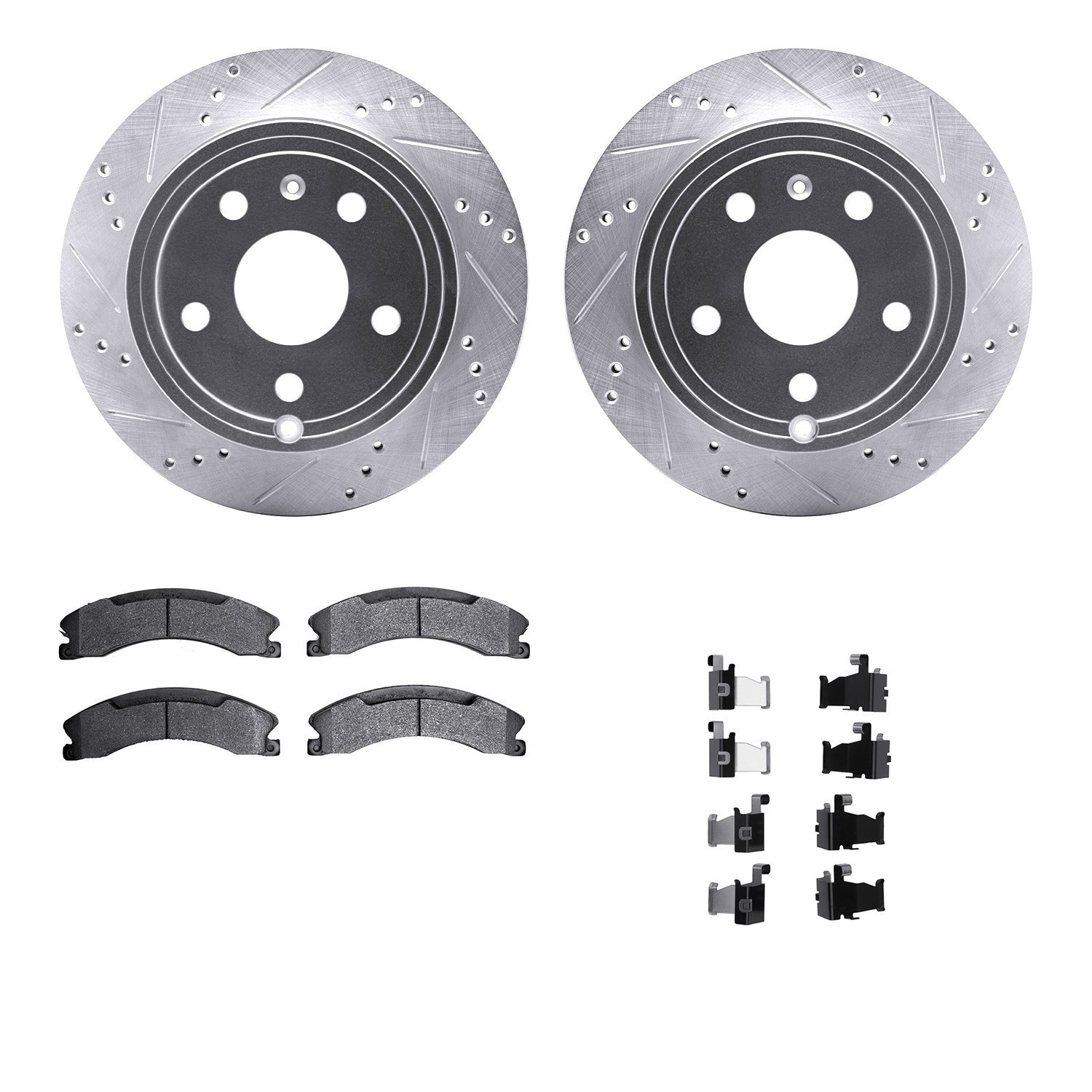 7212-48028 Drilled/Slotted Rotors w/Heavy-Duty Brake Pads Kit & Hardware [Silver], 2009-2020 GM, Position: Rear