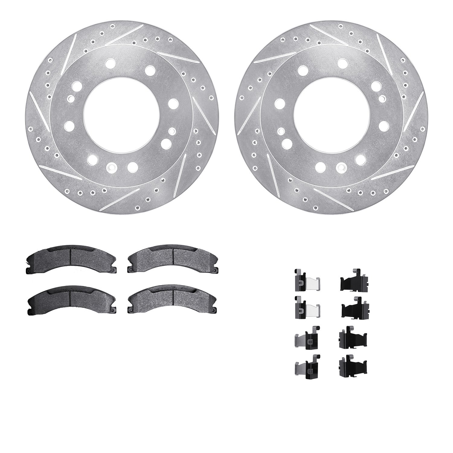 7212-48029 Drilled/Slotted Rotors w/Heavy-Duty Brake Pads Kit & Hardware [Silver], 2011-2019 GM, Position: Front