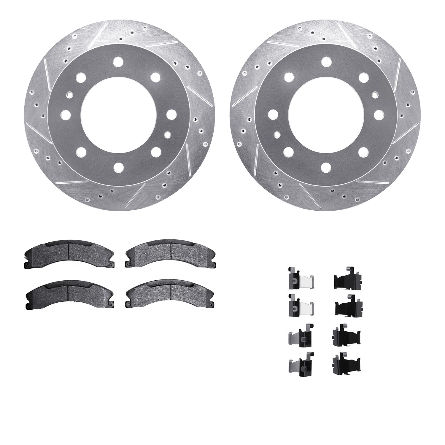 7212-48031 Drilled/Slotted Rotors w/Heavy-Duty Brake Pads Kit & Hardware [Silver], 2011-2019 GM, Position: Rear