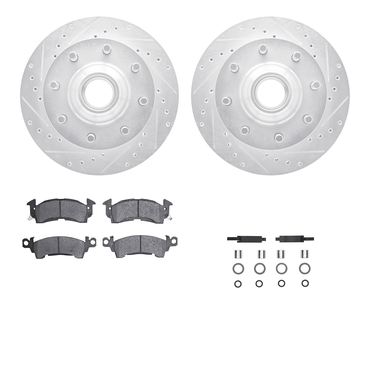 7212-48032 Drilled/Slotted Rotors w/Heavy-Duty Brake Pads Kit & Hardware [Silver], 1971-1989 GM, Position: Front