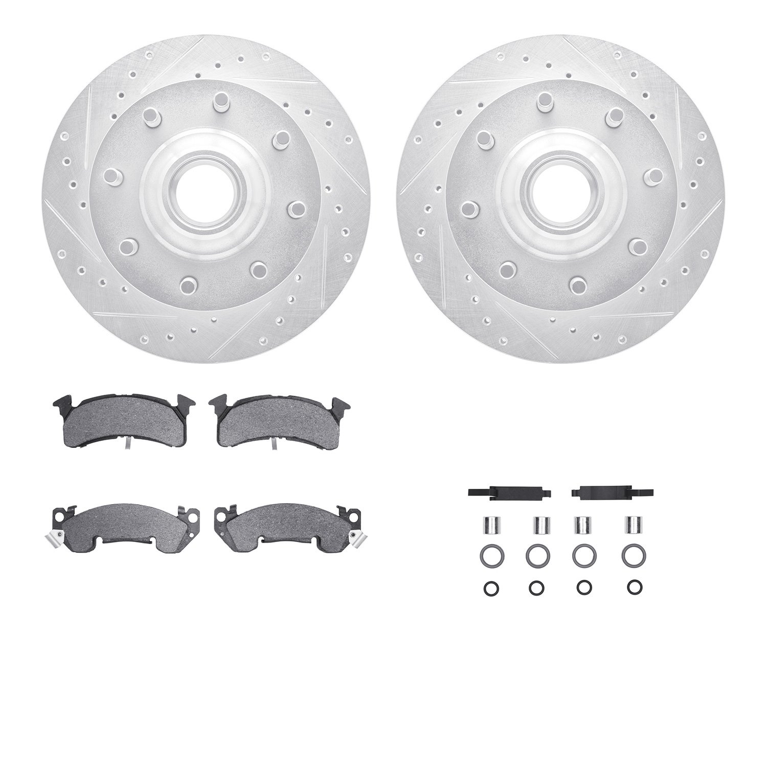 7212-48051 Drilled/Slotted Rotors w/Heavy-Duty Brake Pads Kit & Hardware [Silver], 1978-1993 GM, Position: Front