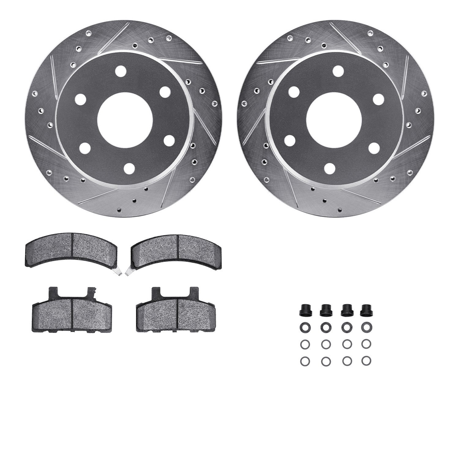 7212-48076 Drilled/Slotted Rotors w/Heavy-Duty Brake Pads Kit & Hardware [Silver], 1988-1991 GM, Position: Front