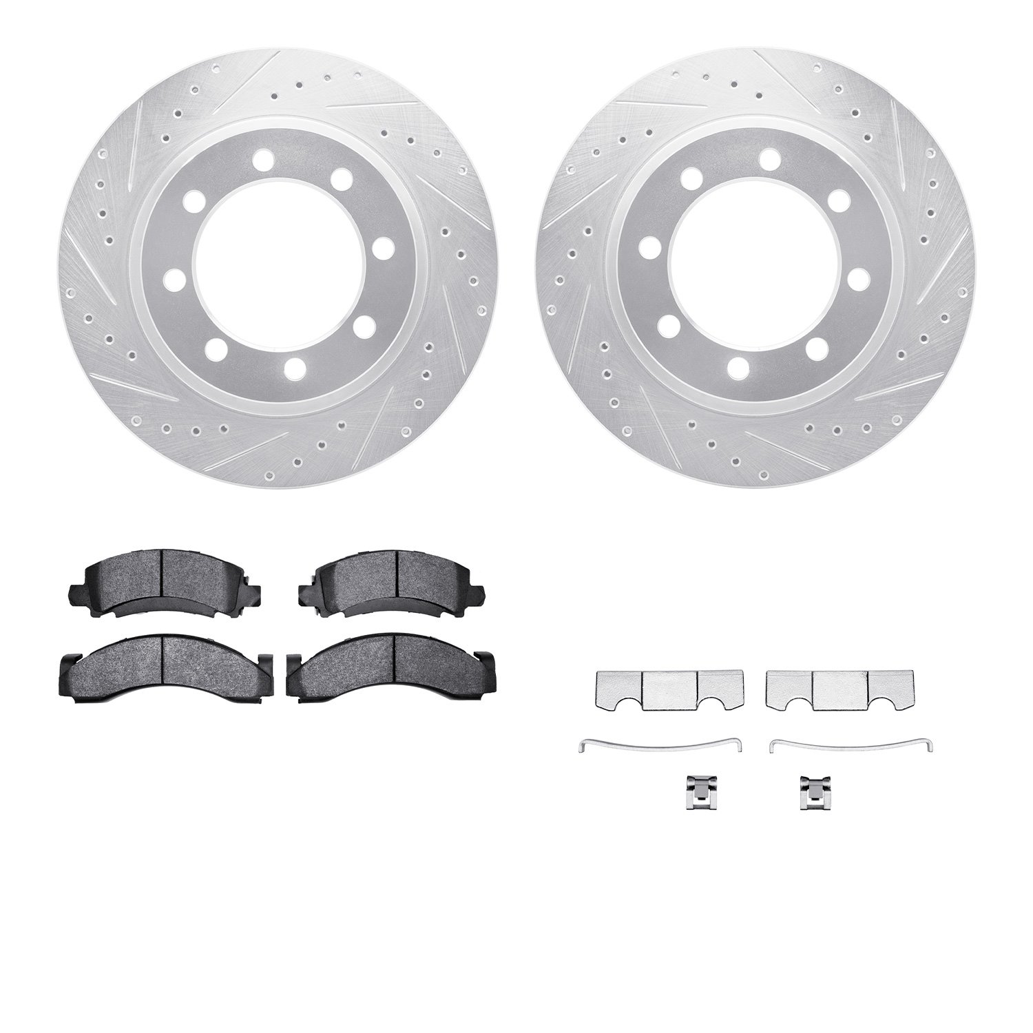 7212-48086 Drilled/Slotted Rotors w/Heavy-Duty Brake Pads Kit & Hardware [Silver], 1976-1996 GM, Position: Front