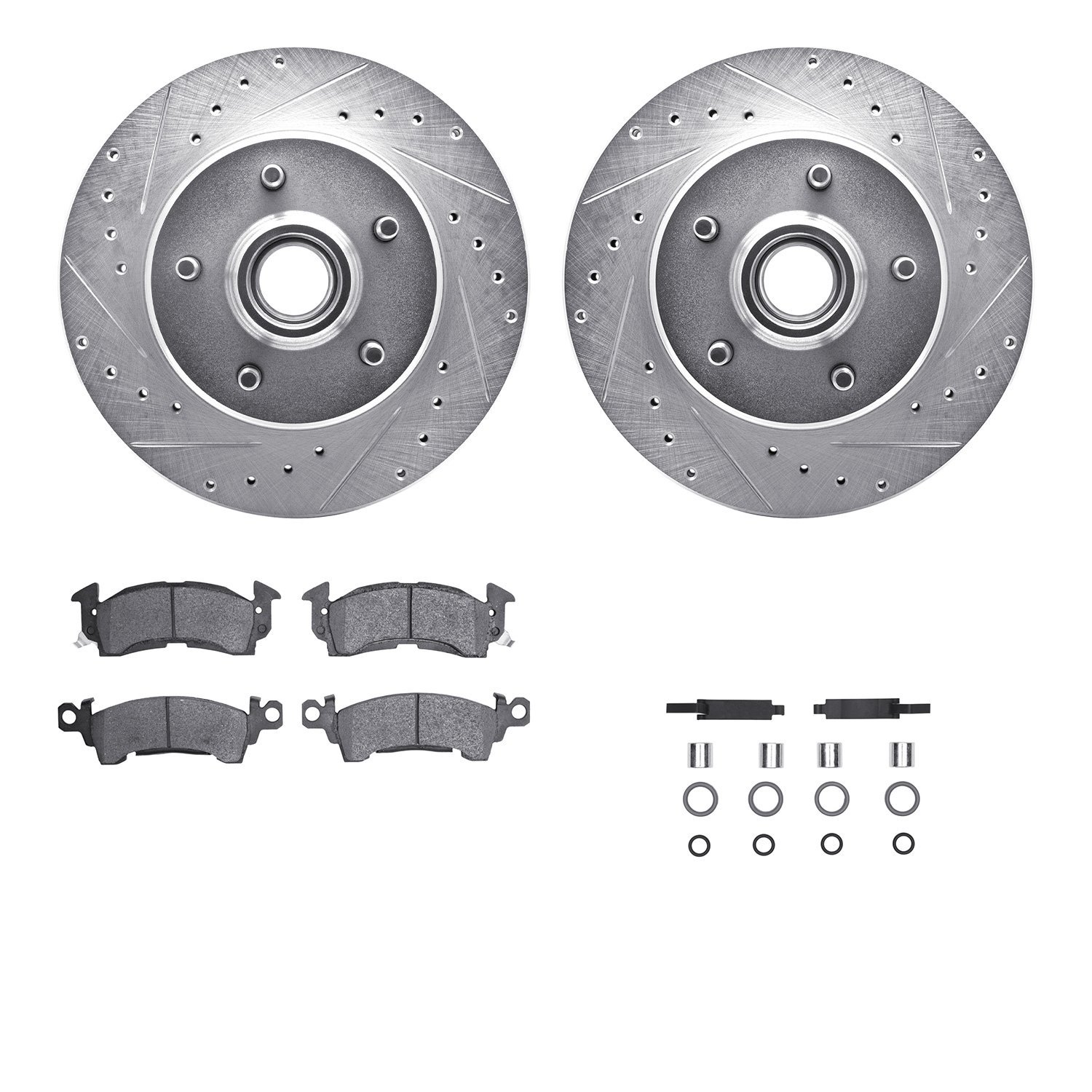 7212-48087 Drilled/Slotted Rotors w/Heavy-Duty Brake Pads Kit & Hardware [Silver], 1990-2002 GM, Position: Front