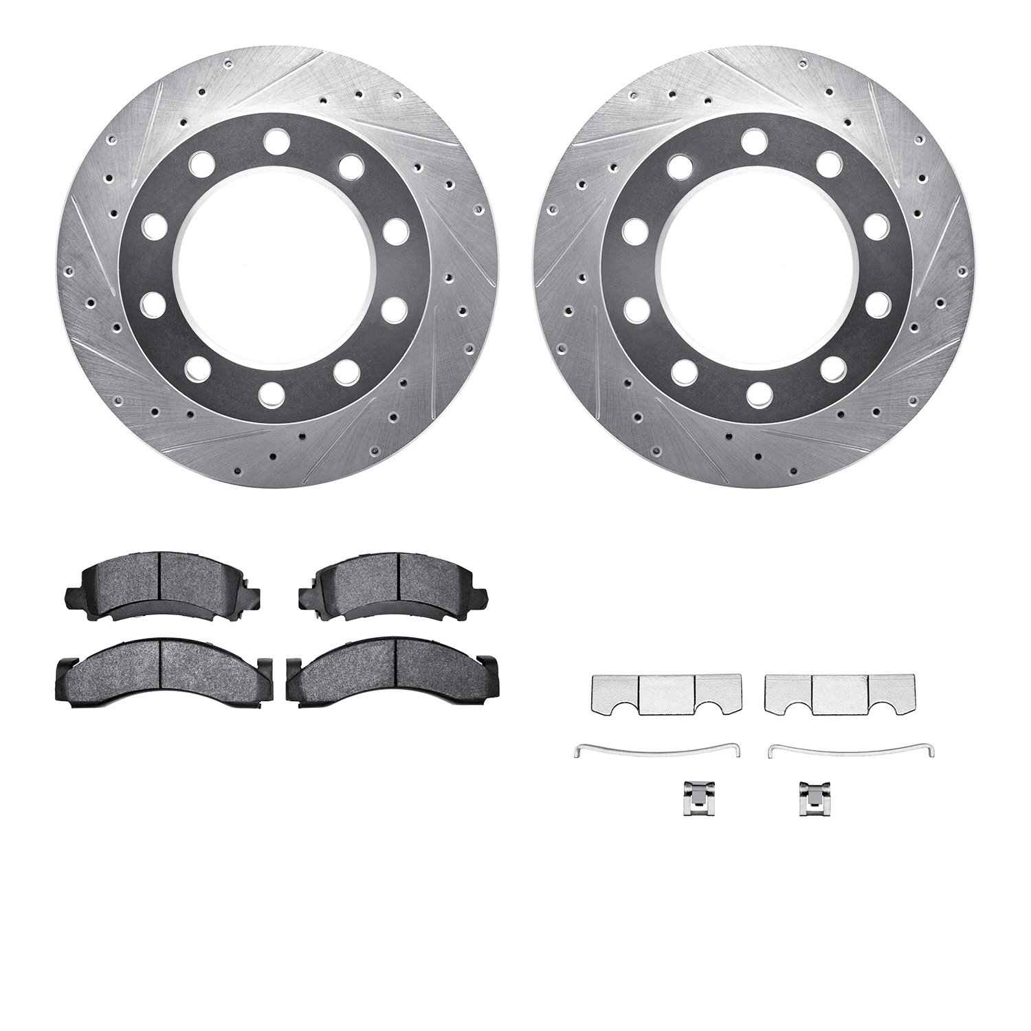 7212-48090 Drilled/Slotted Rotors w/Heavy-Duty Brake Pads Kit & Hardware [Silver], 1976-2005 Multiple Makes/Models, Position: Re