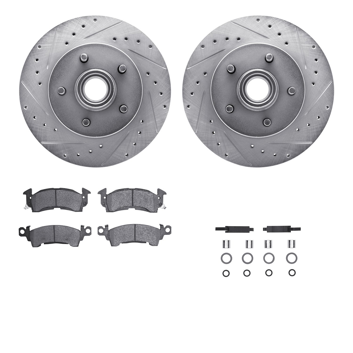 7212-48100 Drilled/Slotted Rotors w/Heavy-Duty Brake Pads Kit & Hardware [Silver], 1993-1995 GM, Position: Front