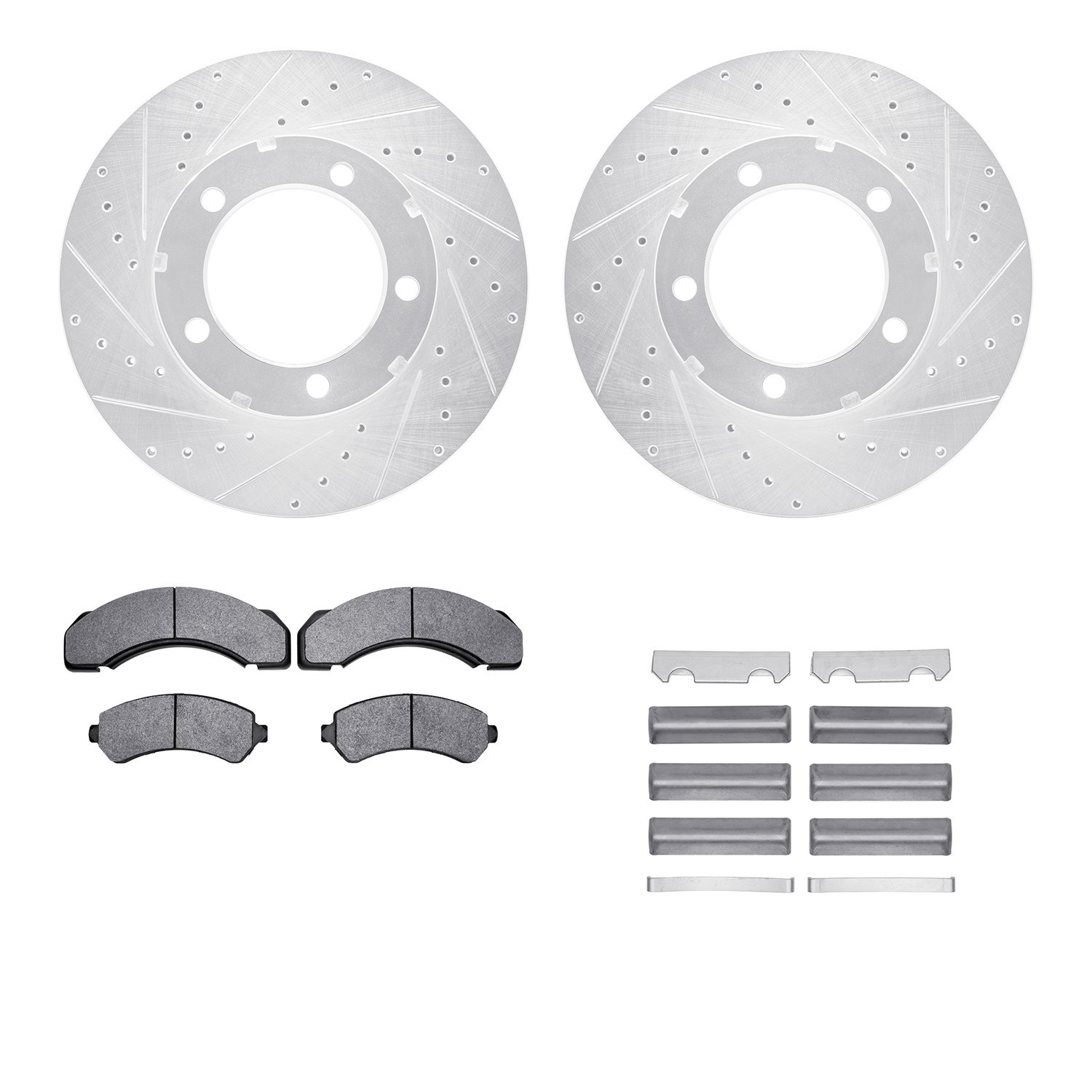 7212-48106 Drilled/Slotted Rotors w/Heavy-Duty Brake Pads Kit & Hardware [Silver], 1997-2005 Multiple Makes/Models, Position: Fr