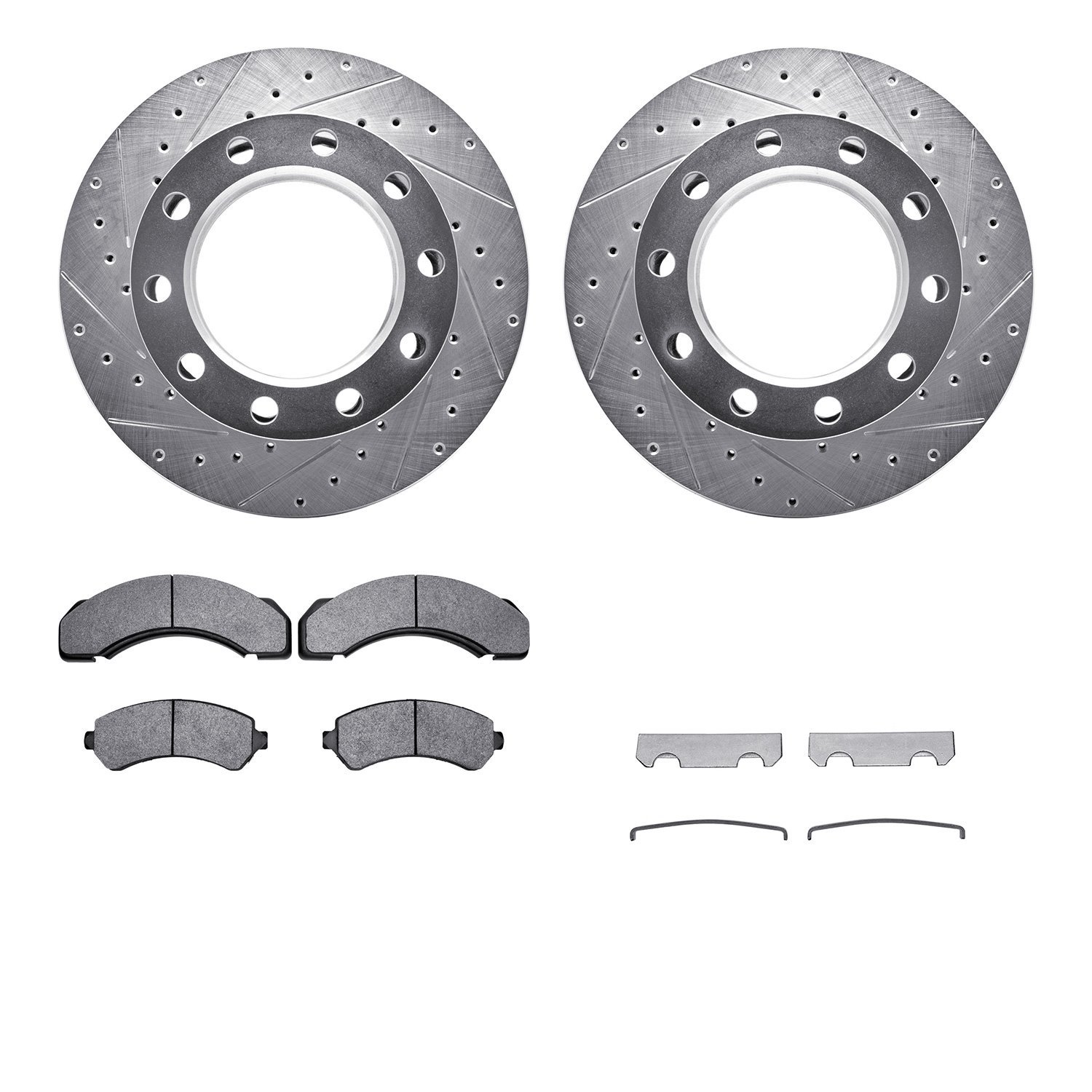 7212-48107 Drilled/Slotted Rotors w/Heavy-Duty Brake Pads Kit & Hardware [Silver], 1997-2005 Multiple Makes/Models, Position: Re