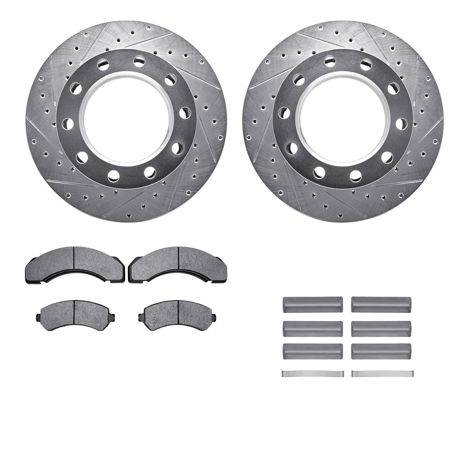 7212-48108 Drilled/Slotted Rotors w/Heavy-Duty Brake Pads Kit & Hardware [Silver], 1994-2000 GM, Position: Rear