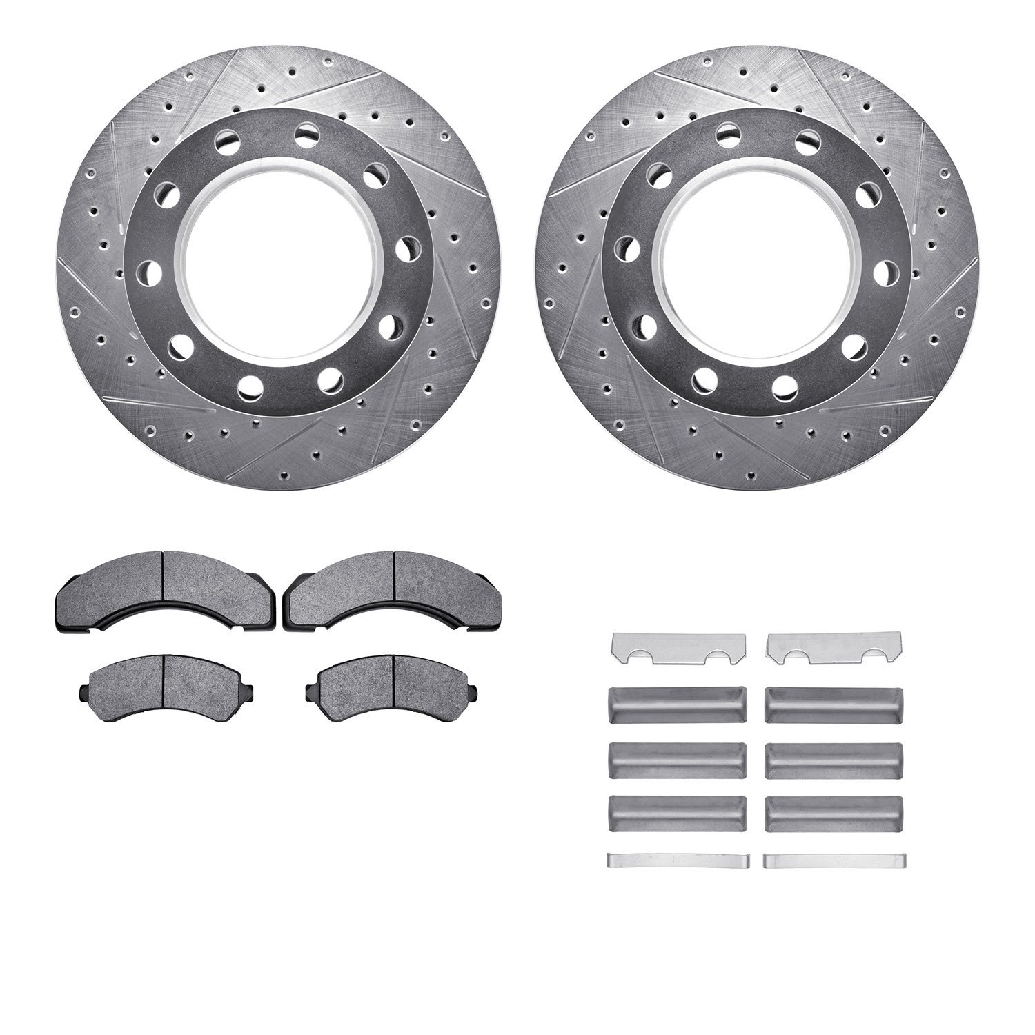 7212-48110 Drilled/Slotted Rotors w/Heavy-Duty Brake Pads Kit & Hardware [Silver], 1997-2005 Multiple Makes/Models, Position: Re