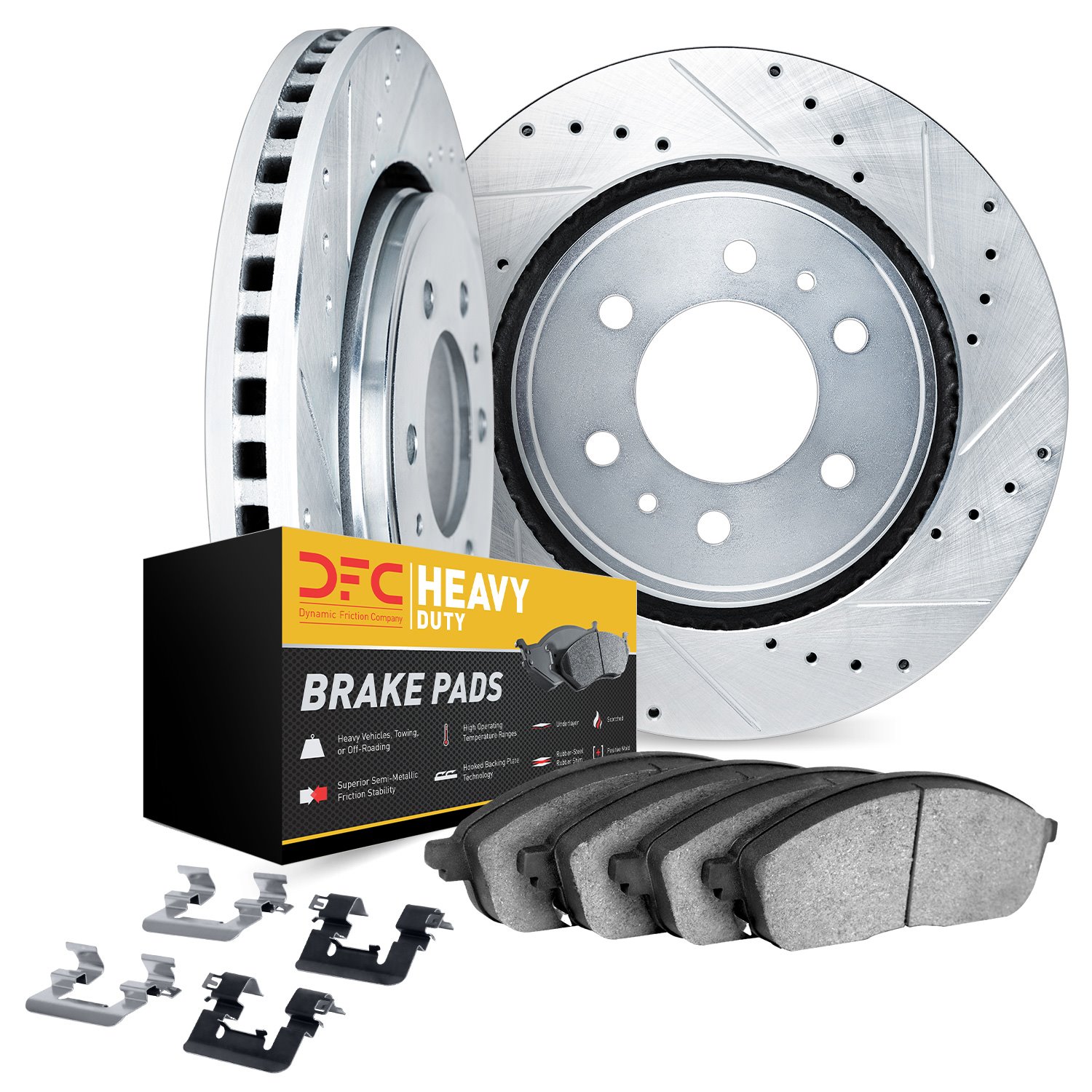 7212-48113 Drilled/Slotted Rotors w/Heavy-Duty Brake Pads Kit & Hardware [Silver], 1994-2002 GM, Position: Front