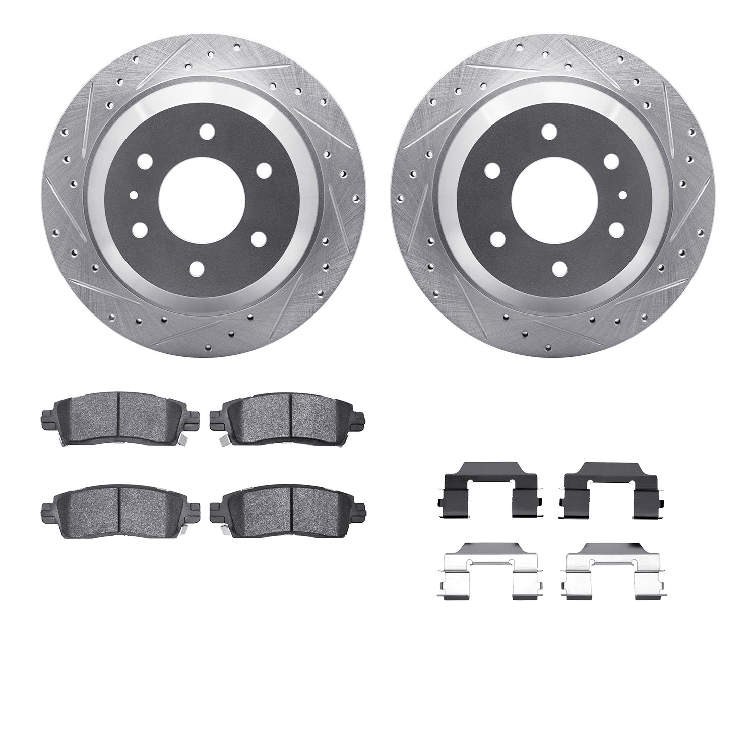7212-48134 Drilled/Slotted Rotors w/Heavy-Duty Brake Pads Kit & Hardware [Silver], 2002-2009 GM, Position: Rear