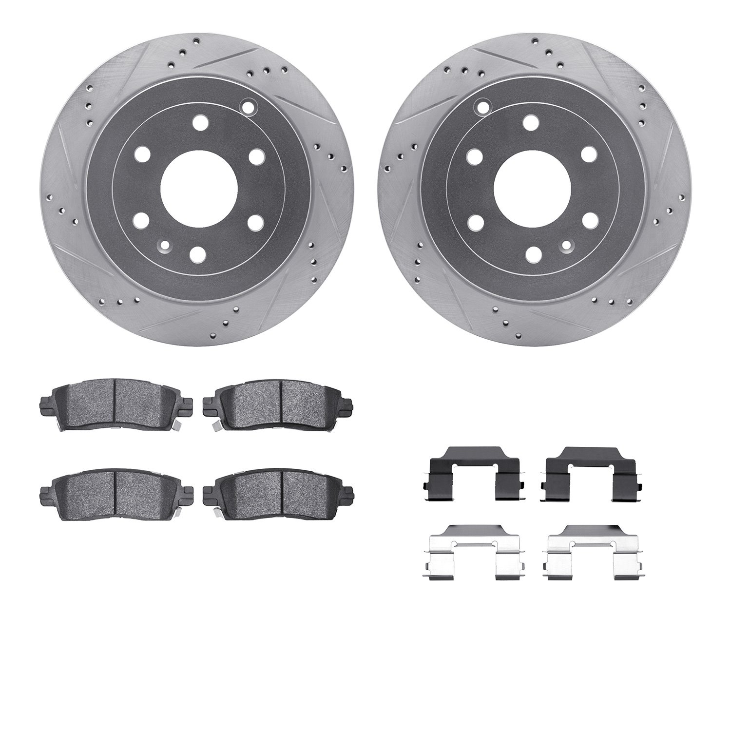 7212-48152 Drilled/Slotted Rotors w/Heavy-Duty Brake Pads Kit & Hardware [Silver], 2007-2017 GM, Position: Rear