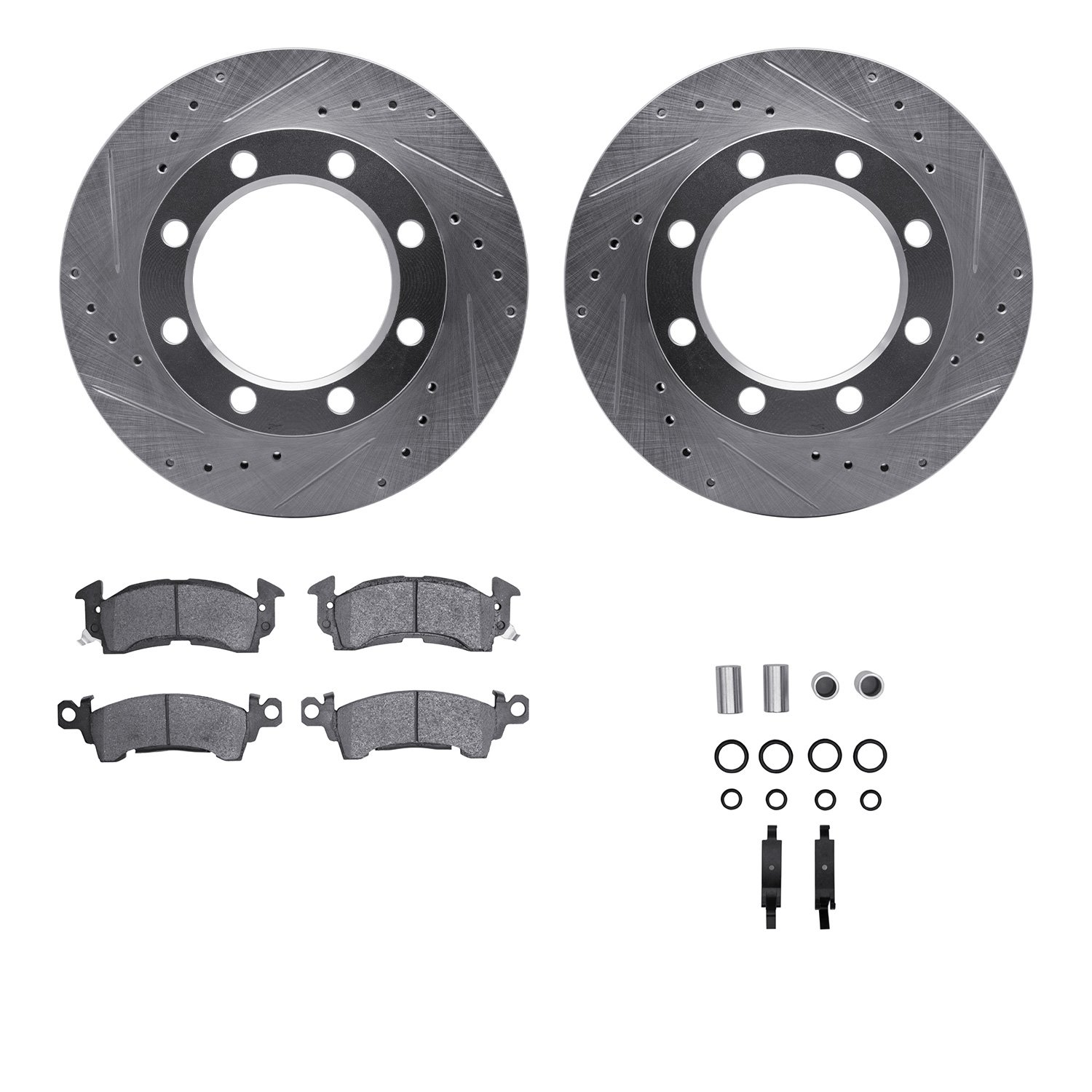 7212-48162 Drilled/Slotted Rotors w/Heavy-Duty Brake Pads Kit & Hardware [Silver], 1971-1973 GM, Position: Front