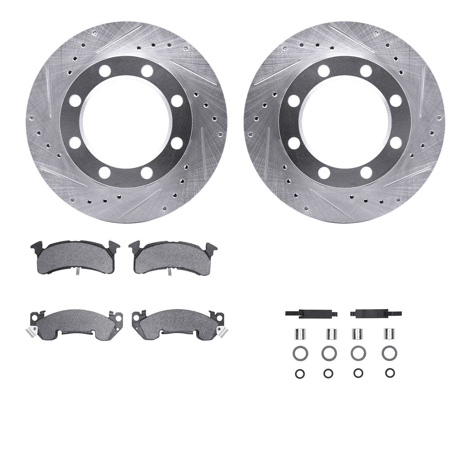 7212-48164 Drilled/Slotted Rotors w/Heavy-Duty Brake Pads Kit & Hardware [Silver], 1979-1991 GM, Position: Front