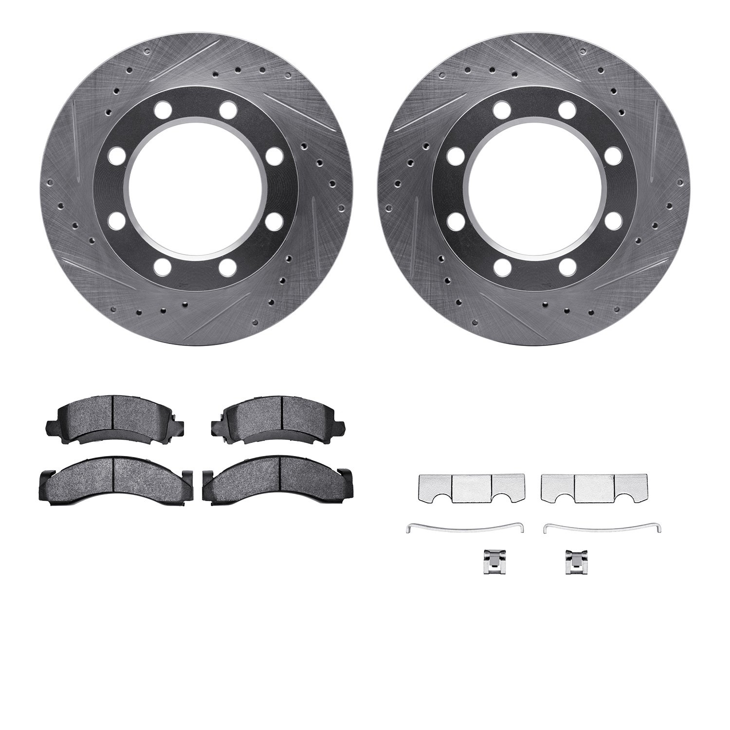 7212-48165 Drilled/Slotted Rotors w/Heavy-Duty Brake Pads Kit & Hardware [Silver], 1971-1973 GM, Position: Front
