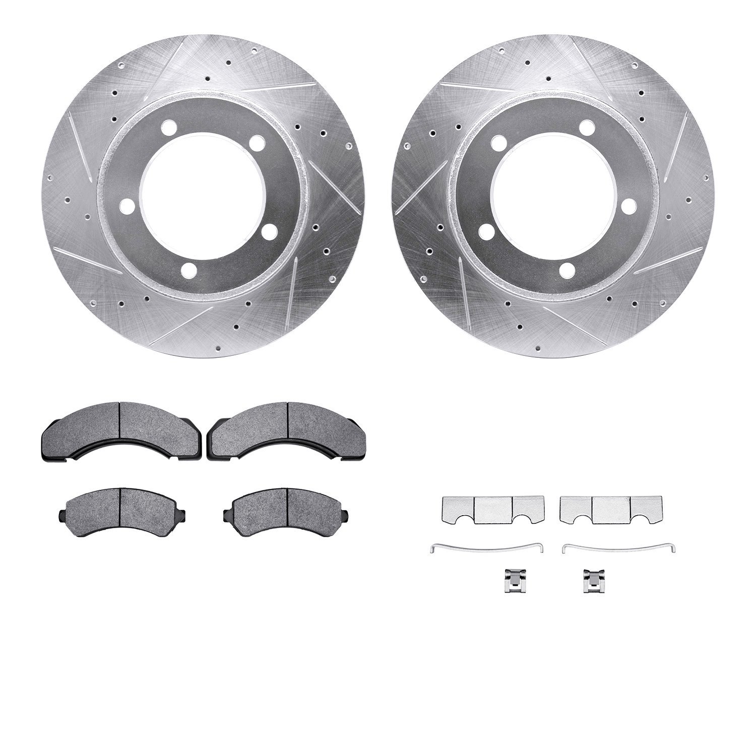 7212-48168 Drilled/Slotted Rotors w/Heavy-Duty Brake Pads Kit & Hardware [Silver], 1998-1999 GM, Position: Front