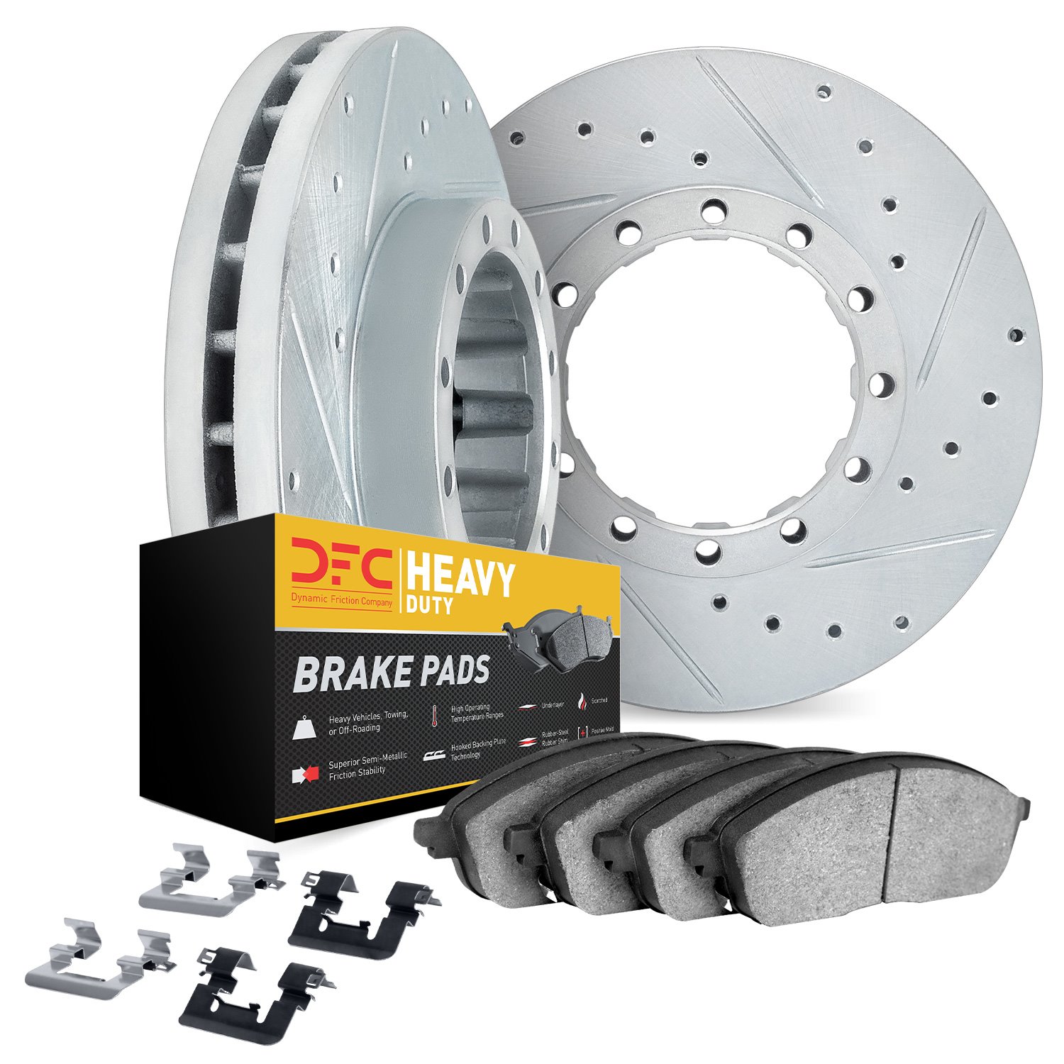 7212-48169 Drilled/Slotted Rotors w/Heavy-Duty Brake Pads Kit & Hardware [Silver], Fits Select GM, Position: Front