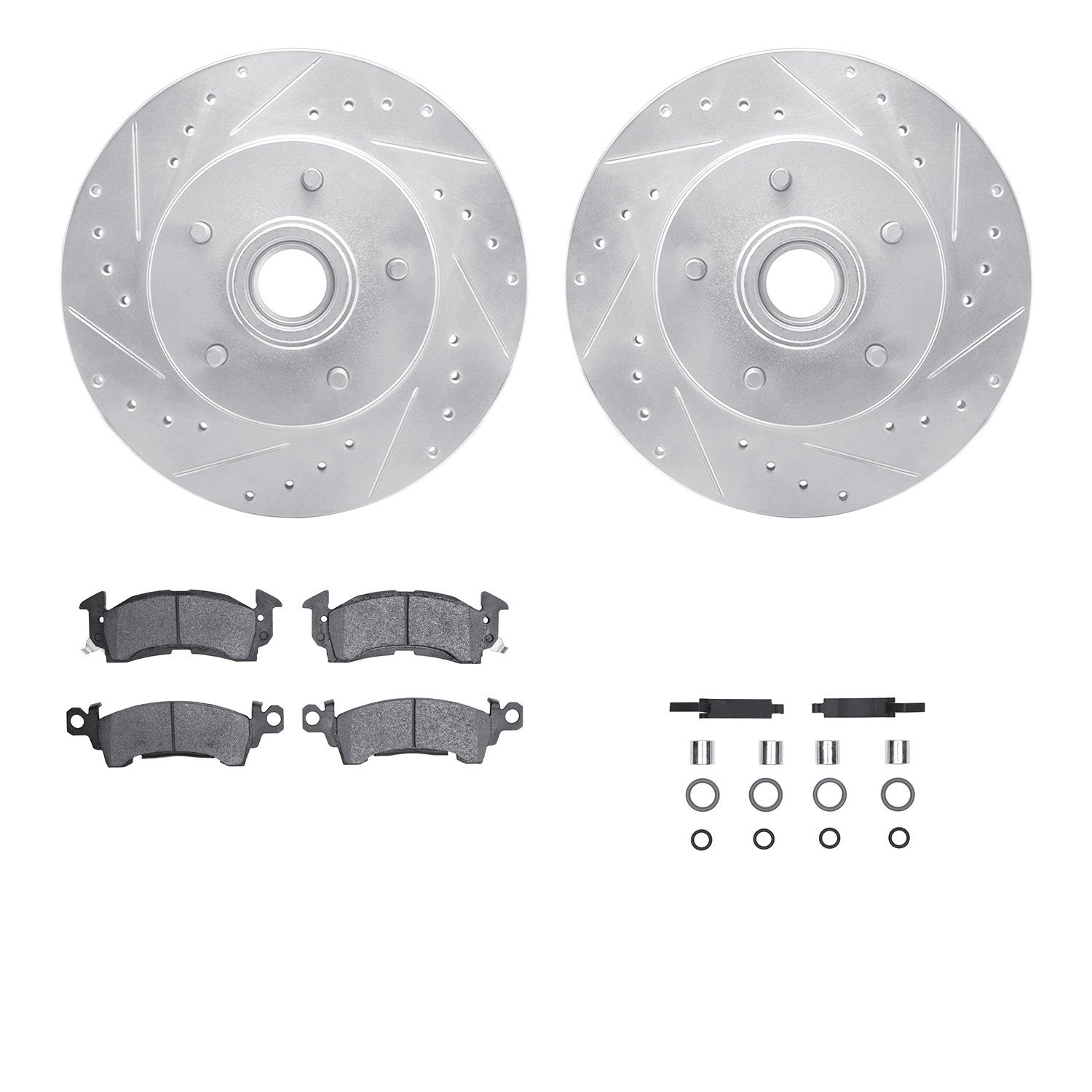7212-51001 Drilled/Slotted Rotors w/Heavy-Duty Brake Pads Kit & Hardware [Silver], 1991-1996 GM, Position: Front