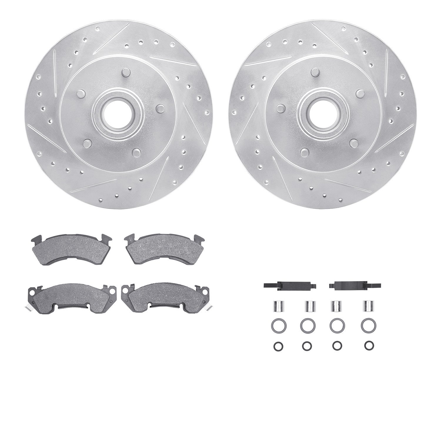 7212-51002 Drilled/Slotted Rotors w/Heavy-Duty Brake Pads Kit & Hardware [Silver], 1991-1996 GM, Position: Front