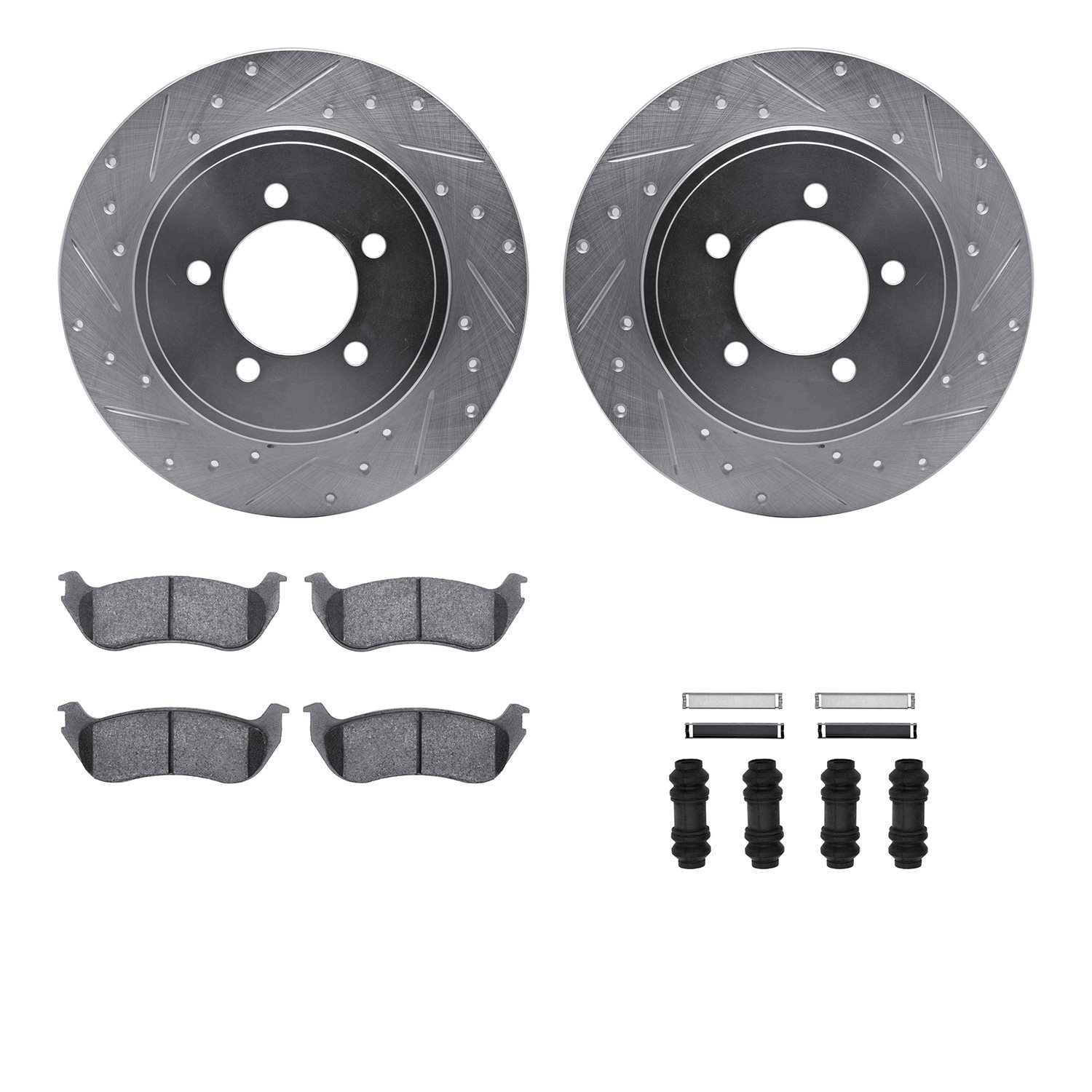 7212-54006 Drilled/Slotted Rotors w/Heavy-Duty Brake Pads Kit & Hardware [Silver], 2002-2005 Ford/Lincoln/Mercury/Mazda, Positio
