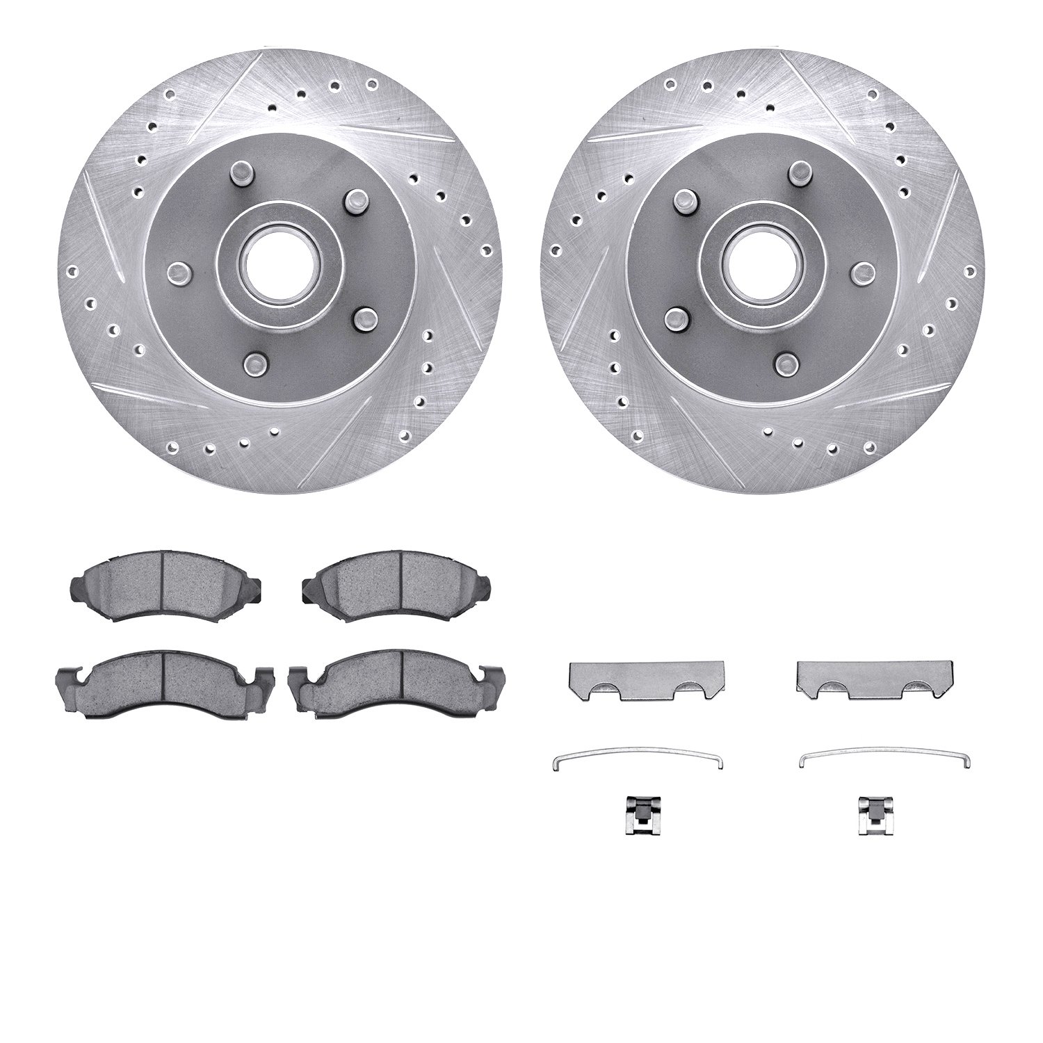 7212-54063 Drilled/Slotted Rotors w/Heavy-Duty Brake Pads Kit & Hardware [Silver], 1974-1979 Ford/Lincoln/Mercury/Mazda, Positio