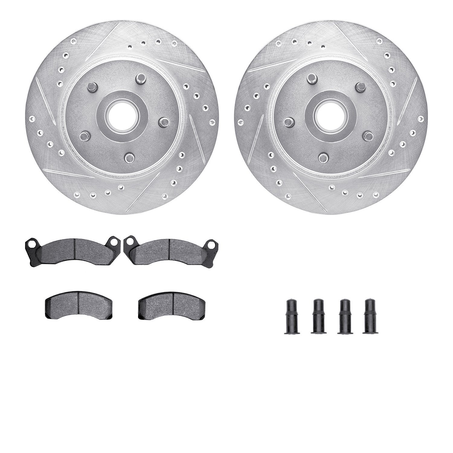 7212-54072 Drilled/Slotted Rotors w/Heavy-Duty Brake Pads Kit & Hardware [Silver], 1982-1987 Ford/Lincoln/Mercury/Mazda, Positio