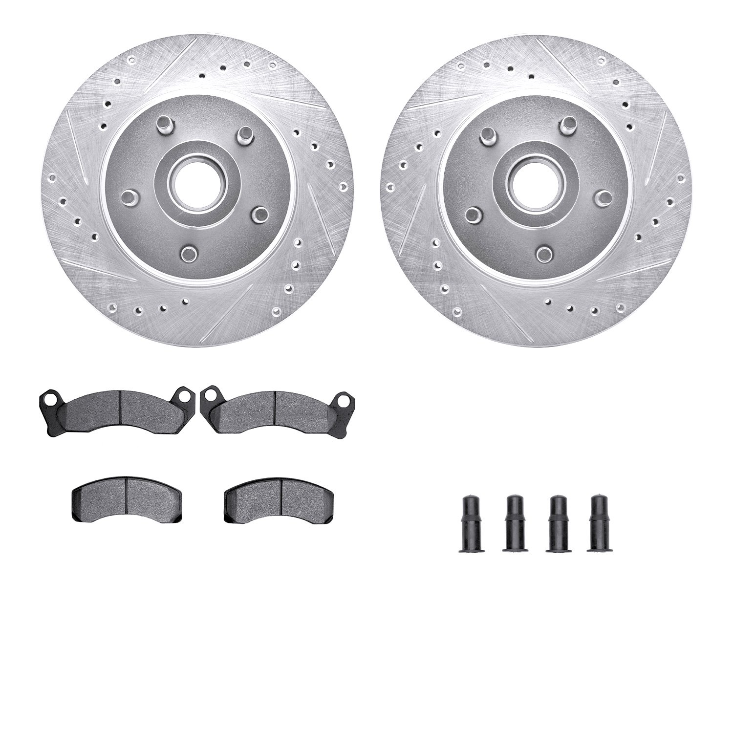 7212-55001 Drilled/Slotted Rotors w/Heavy-Duty Brake Pads Kit & Hardware [Silver], 1987-1992 Ford/Lincoln/Mercury/Mazda, Positio