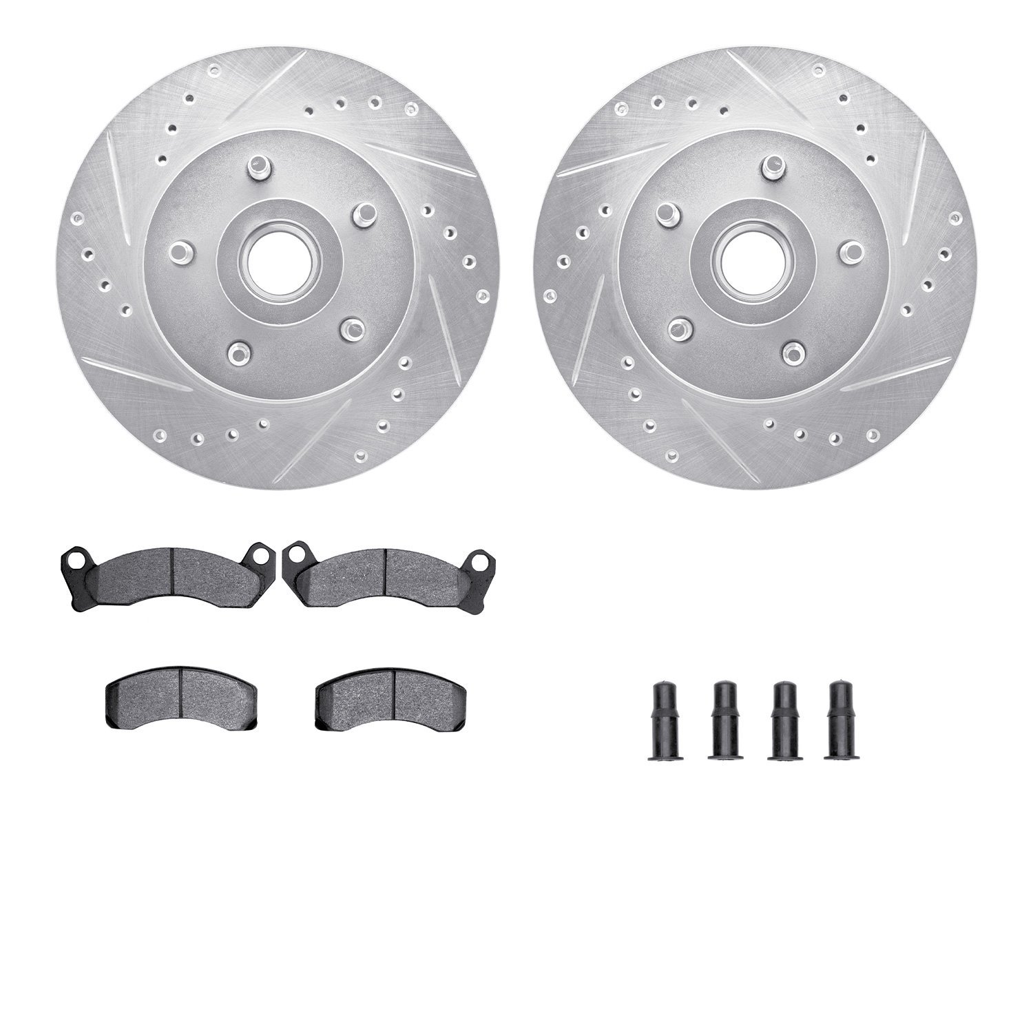 7212-56012 Drilled/Slotted Rotors w/Heavy-Duty Brake Pads Kit & Hardware [Silver], 1981-1991 Ford/Lincoln/Mercury/Mazda, Positio