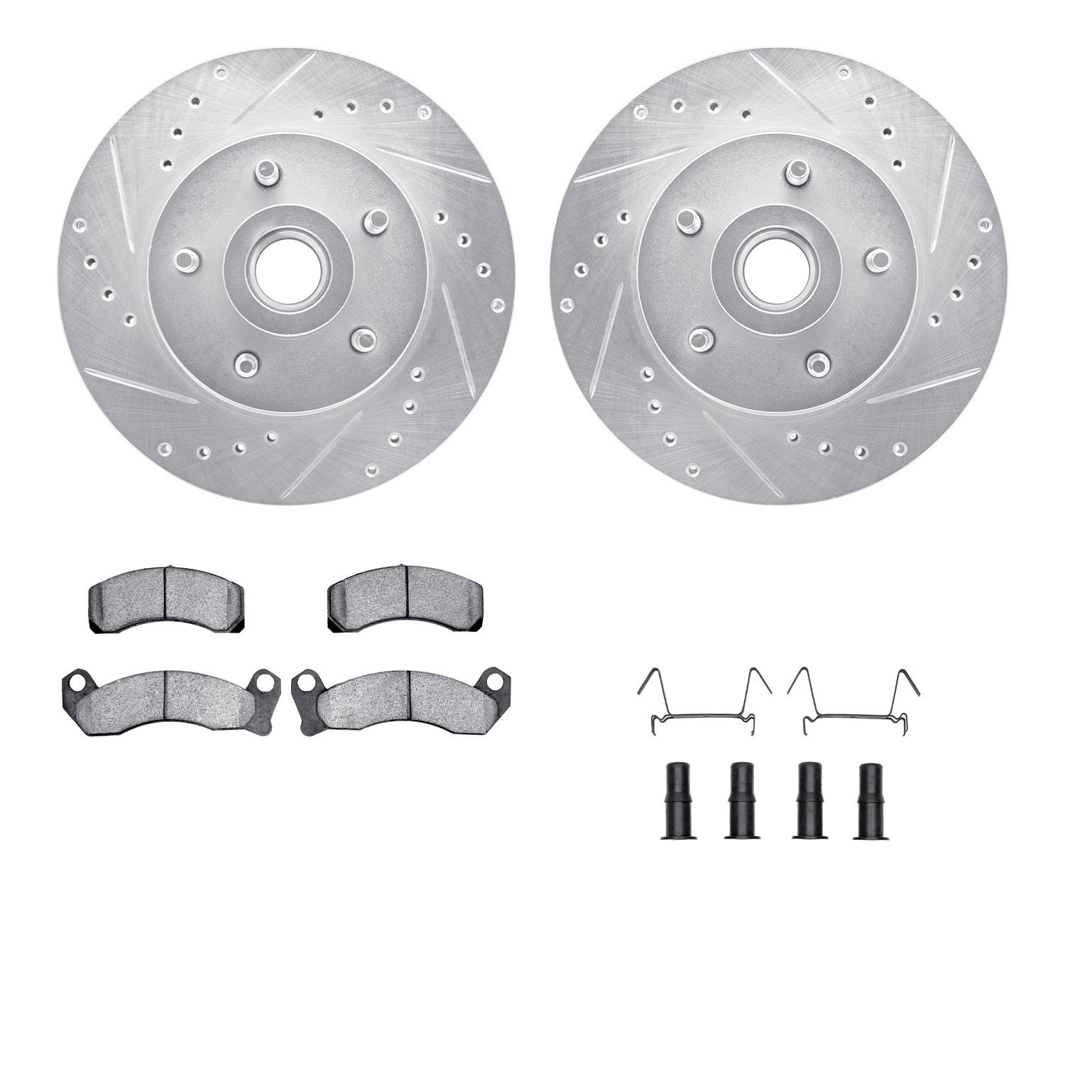 7212-56014 Drilled/Slotted Rotors w/Heavy-Duty Brake Pads Kit & Hardware [Silver], 1979-1991 Ford/Lincoln/Mercury/Mazda, Positio