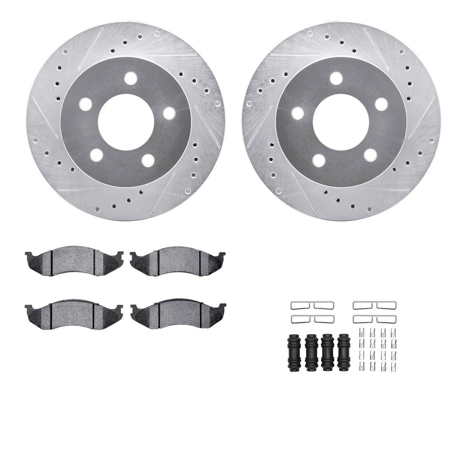 7212-56016 Drilled/Slotted Rotors w/Heavy-Duty Brake Pads Kit & Hardware [Silver], 1991-1994 Ford/Lincoln/Mercury/Mazda, Positio