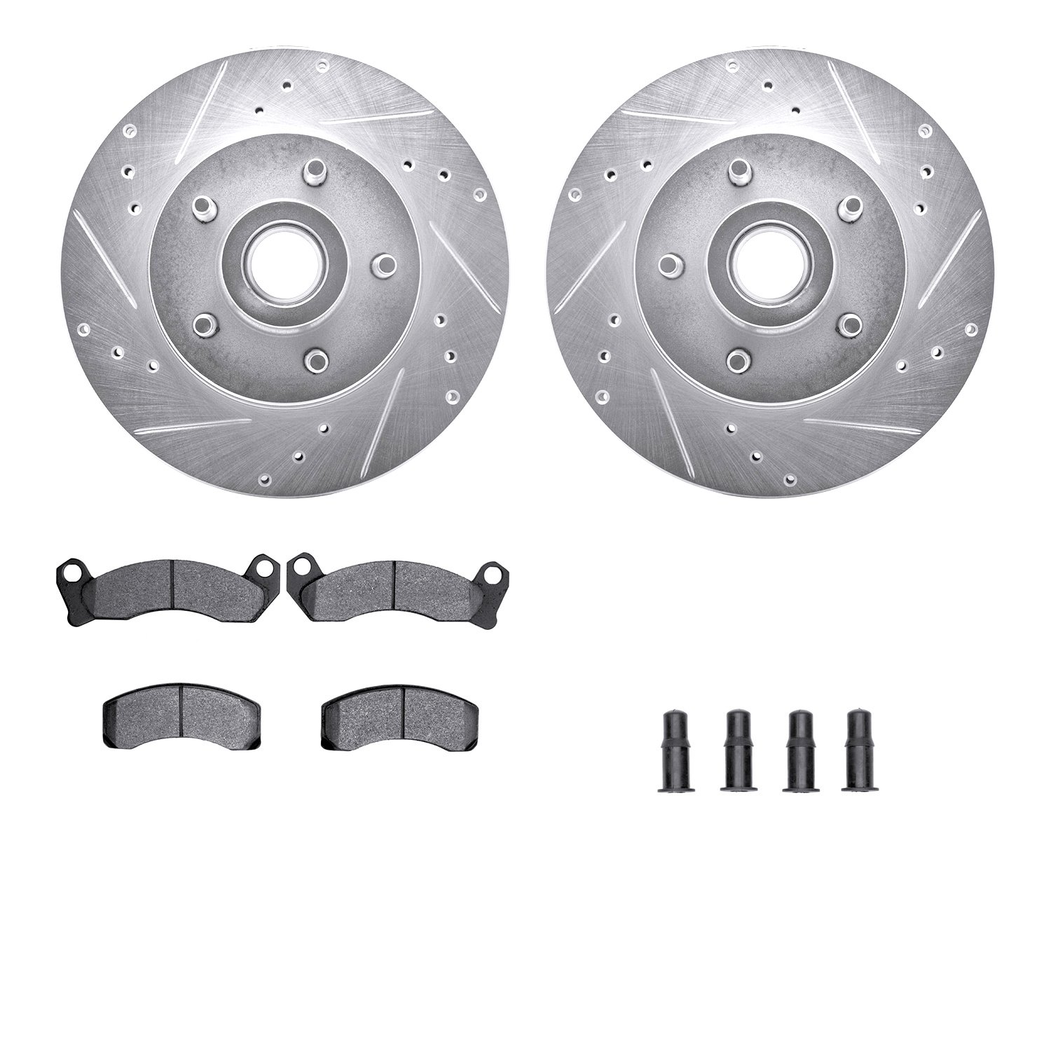7212-56019 Drilled/Slotted Rotors w/Heavy-Duty Brake Pads Kit & Hardware [Silver], 1990-1991 Ford/Lincoln/Mercury/Mazda, Positio