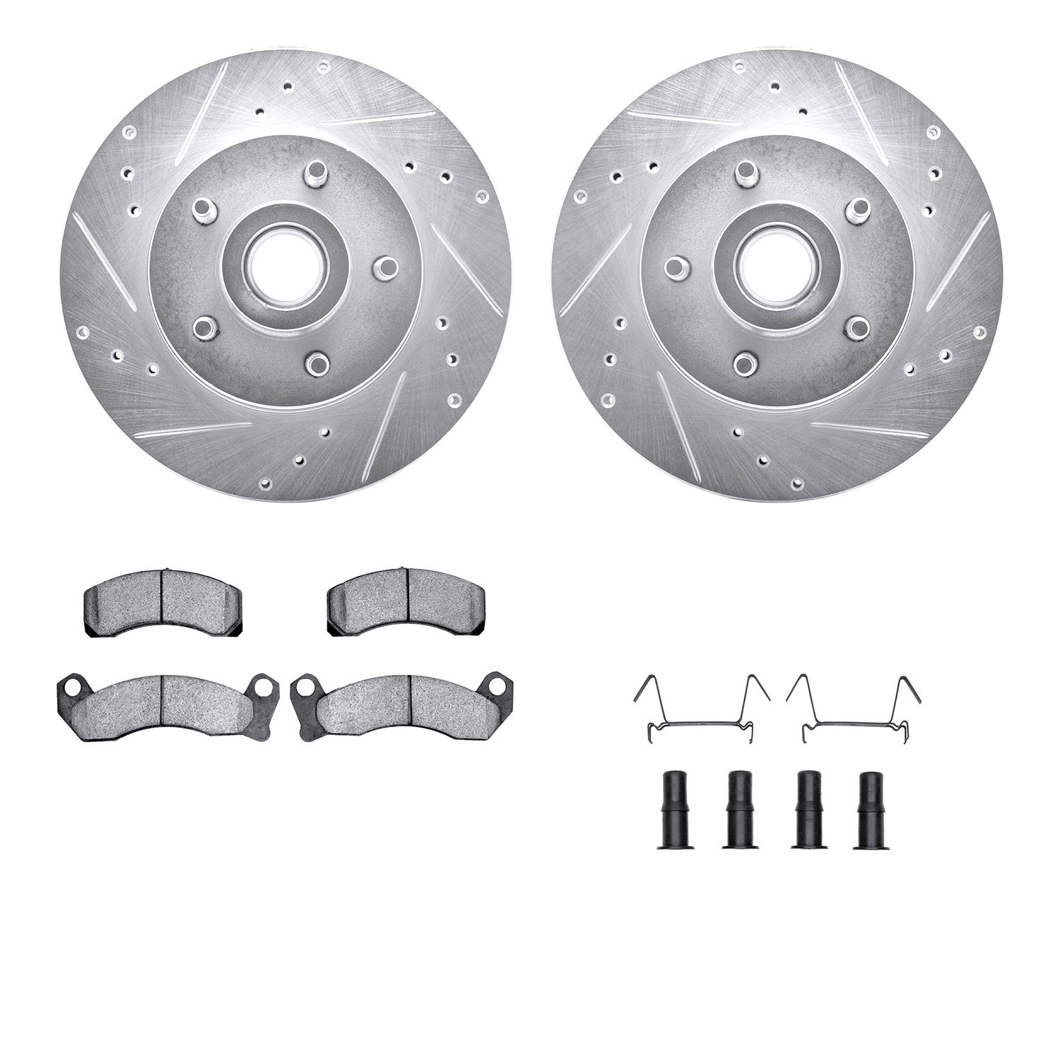 7212-56020 Drilled/Slotted Rotors w/Heavy-Duty Brake Pads Kit & Hardware [Silver], 1990-1991 Ford/Lincoln/Mercury/Mazda, Positio