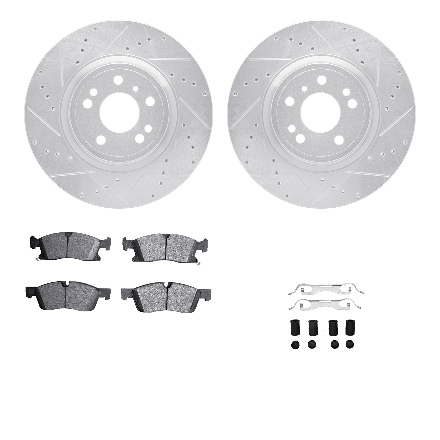 7212-63002 Drilled/Slotted Rotors w/Heavy-Duty Brake Pads Kit & Hardware [Silver], 2012-2018 Mercedes-Benz, Position: Front