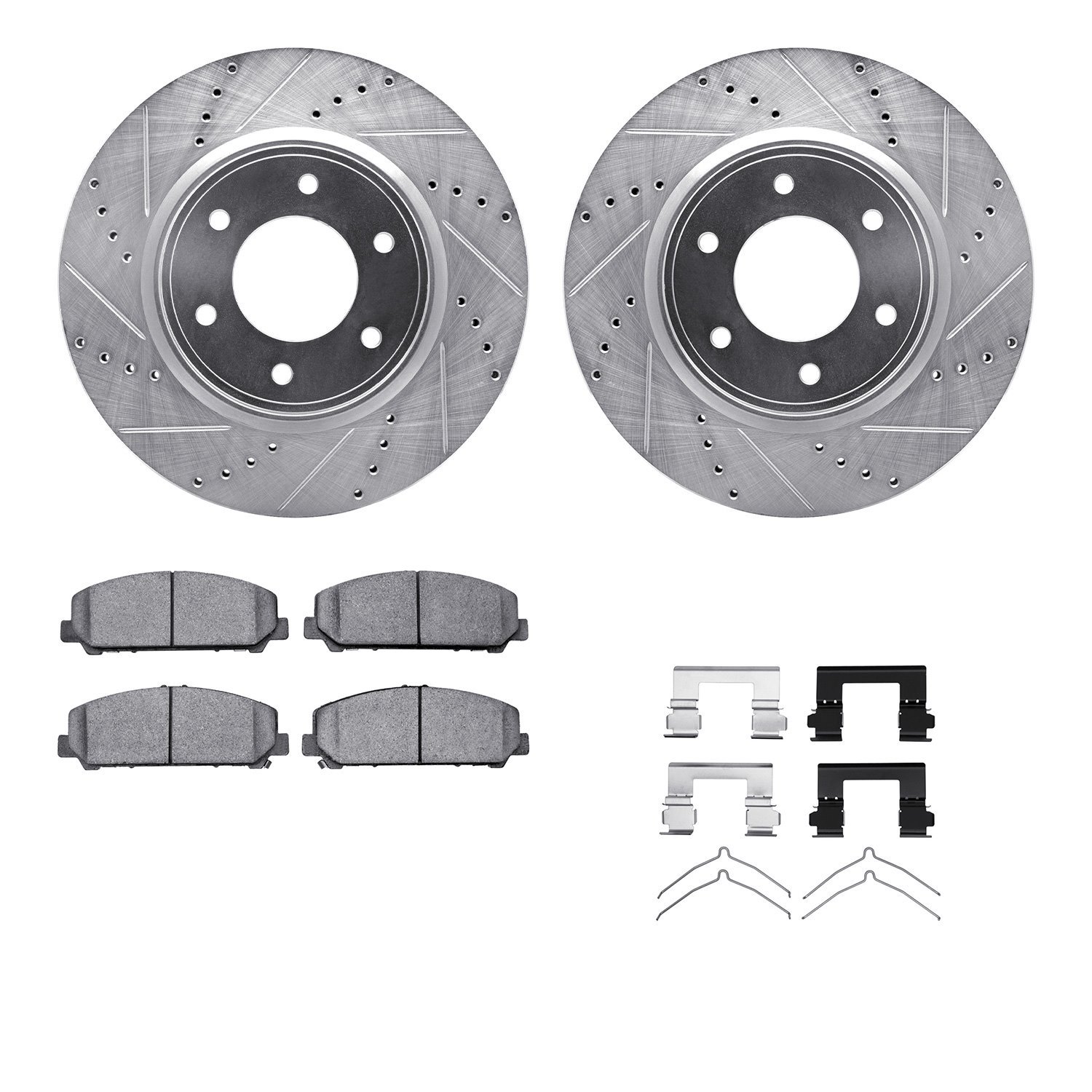 7212-67002 Drilled/Slotted Rotors w/Heavy-Duty Brake Pads Kit & Hardware [Silver], Fits Select Infiniti/Nissan, Position: Front